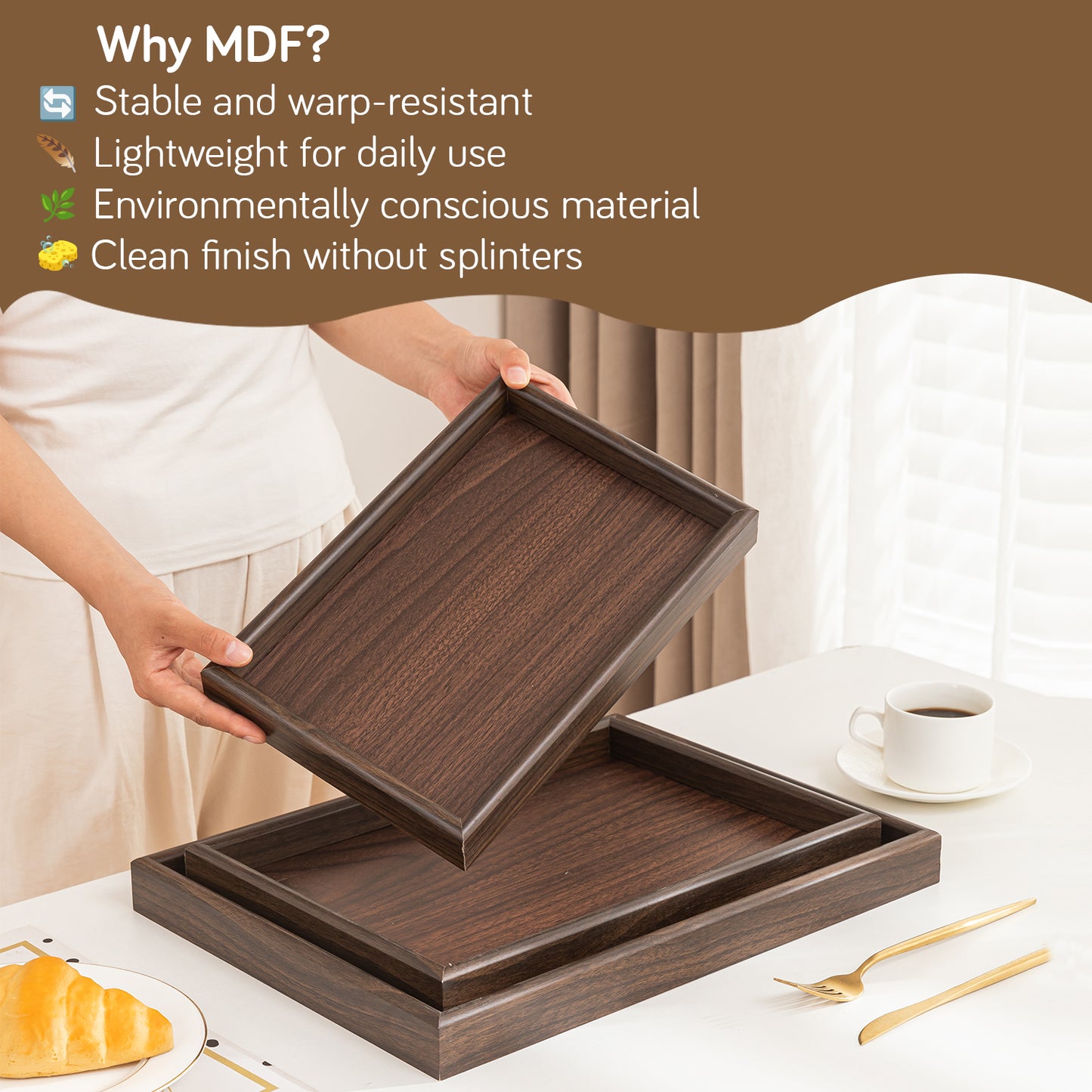 Wooden Serving Tray MDF Rectangular Eco-Friendly Trays Set of 3, Dark Walnut Finish
