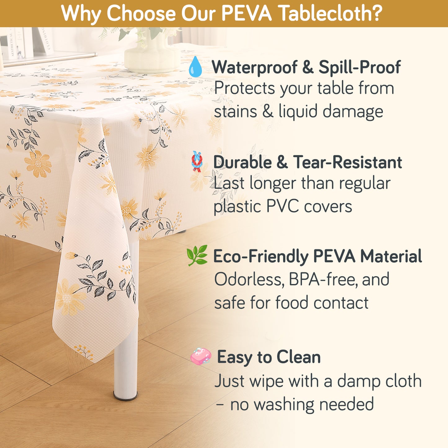 PEVA Waterproof Table Cover Cloth for 2/4/6 Seater Dining Table | Dustproof Table Cloth for Center Table, Study & Coffee Table, Butterscotch Yellow Daisy