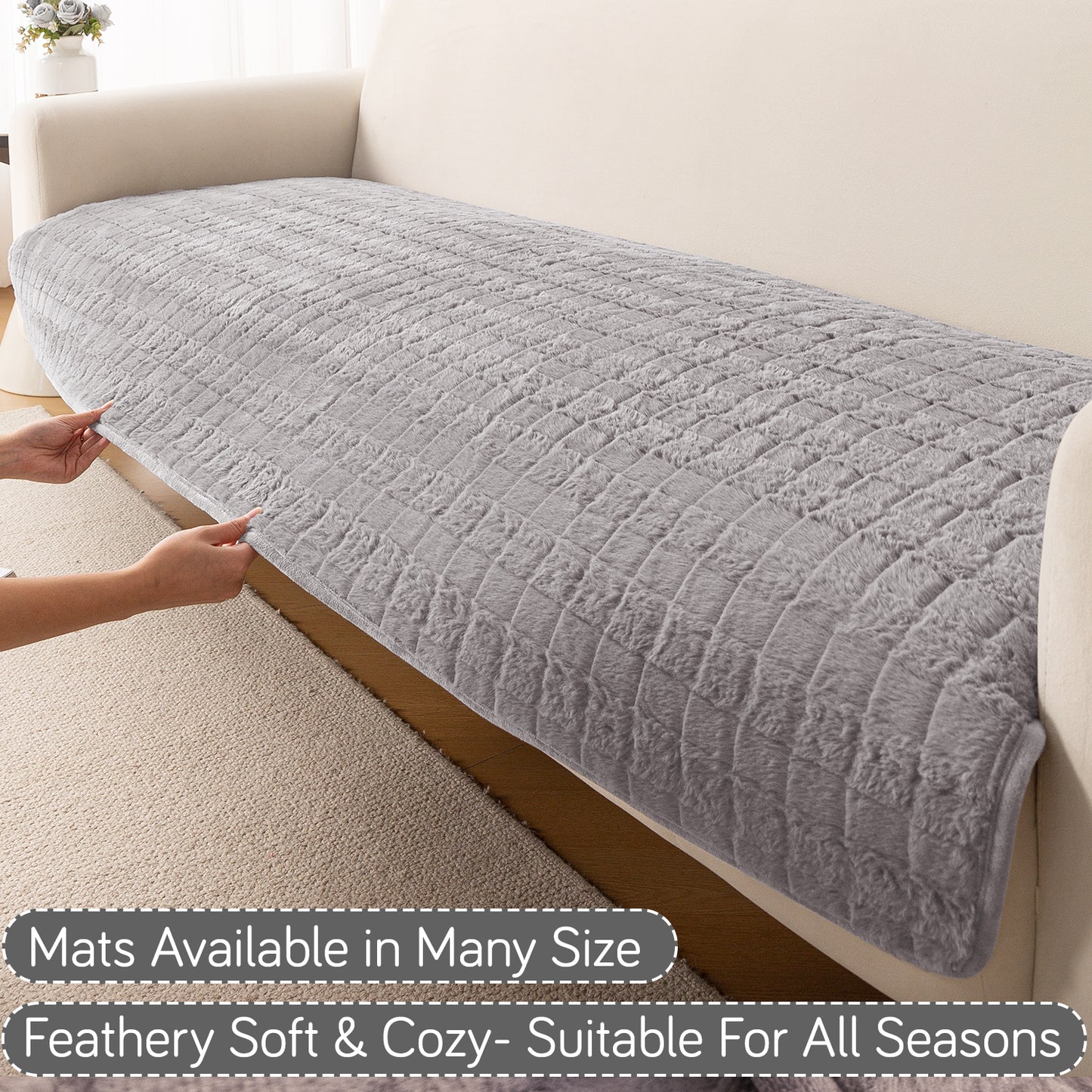 Premium Plush Anti Slip Sofa Cover Mat, Light Grey