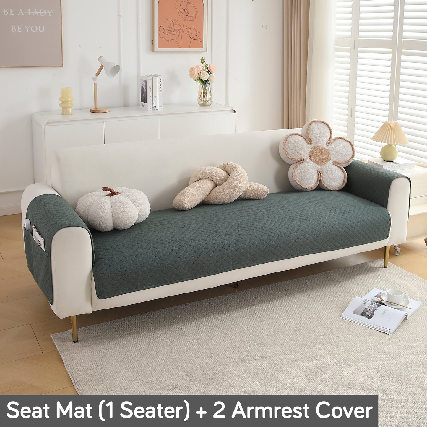 Quilted Sofa Cover Mat with 2 Armrest Covers Pockets, Grey