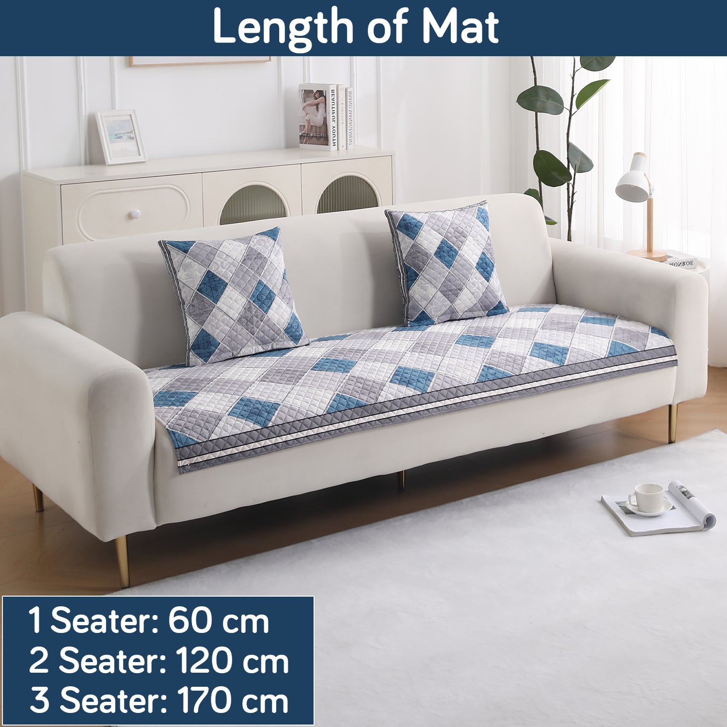 LiefNest Printed Holland Velvet Sofa Mat with Foam Filling - Diamond Slate Grey Blue for 1/2/3 Seater & Armrest