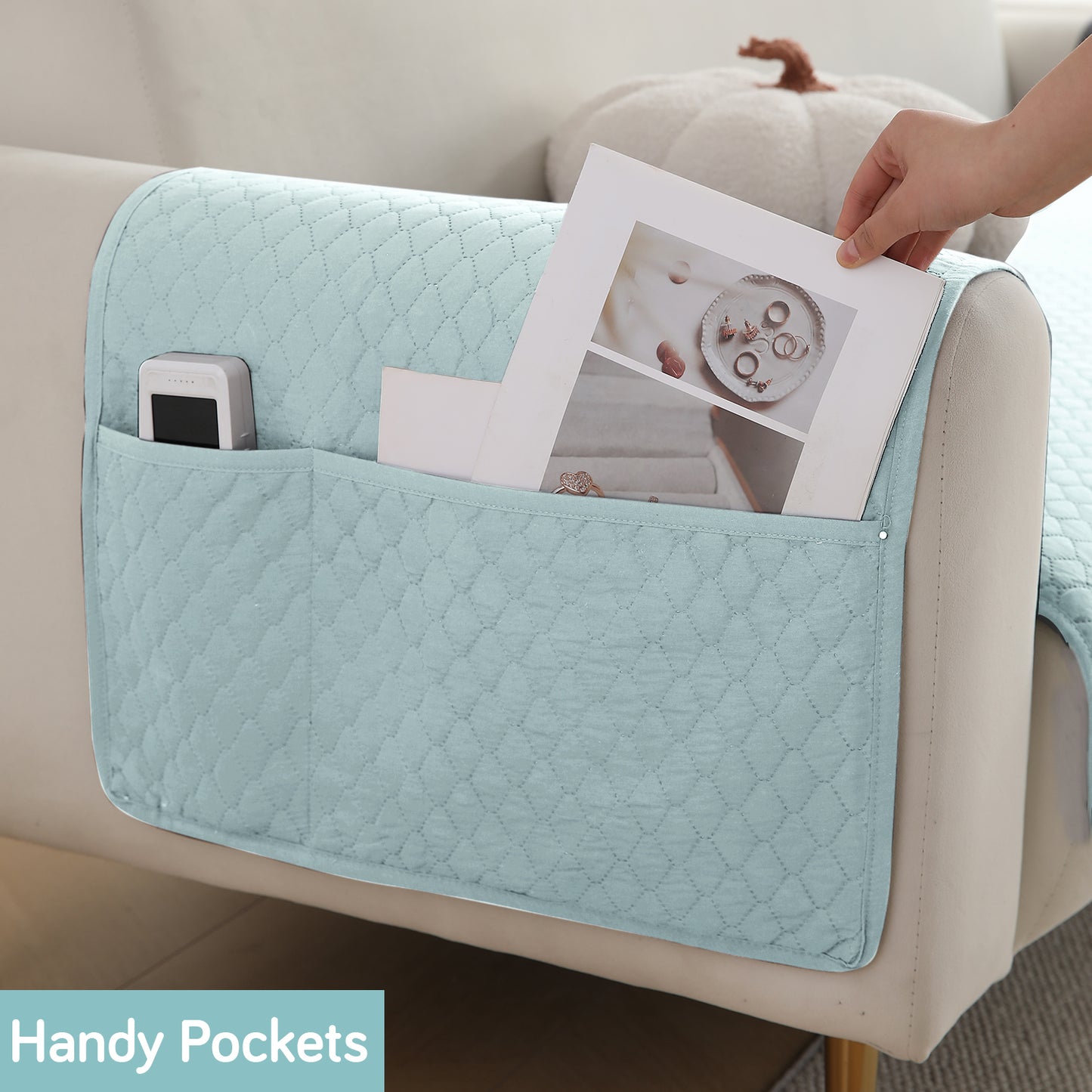 2 Pcs Quilted Sofa Armrest Cover, Light Sky Blue