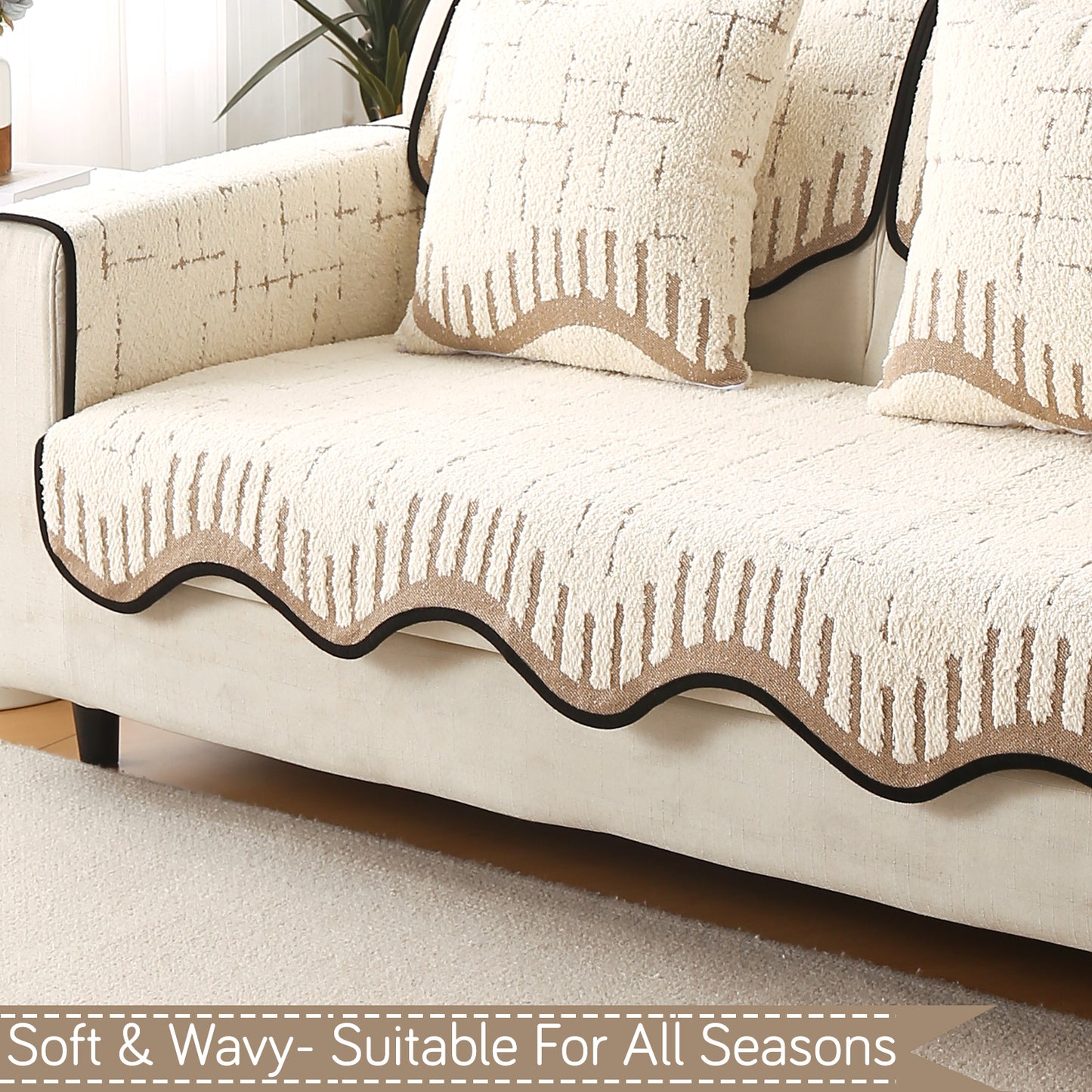 Premium Supple Soft Wavy with Curve Sofa Cover Mat, Cream Brown