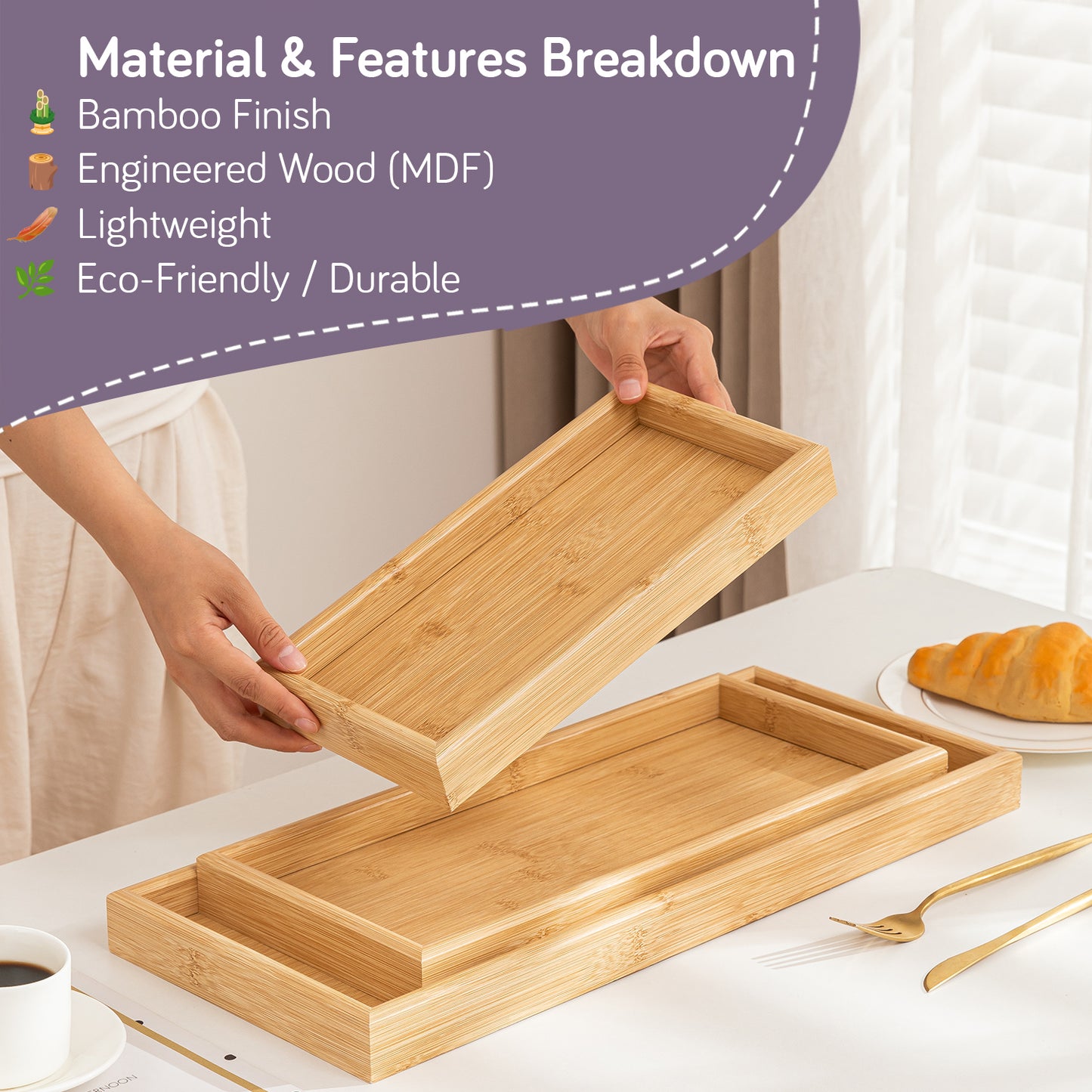 Wooden Serving Tray MDF Rectangular Eco-Friendly Trays Set of 3 – Small, Medium, Large