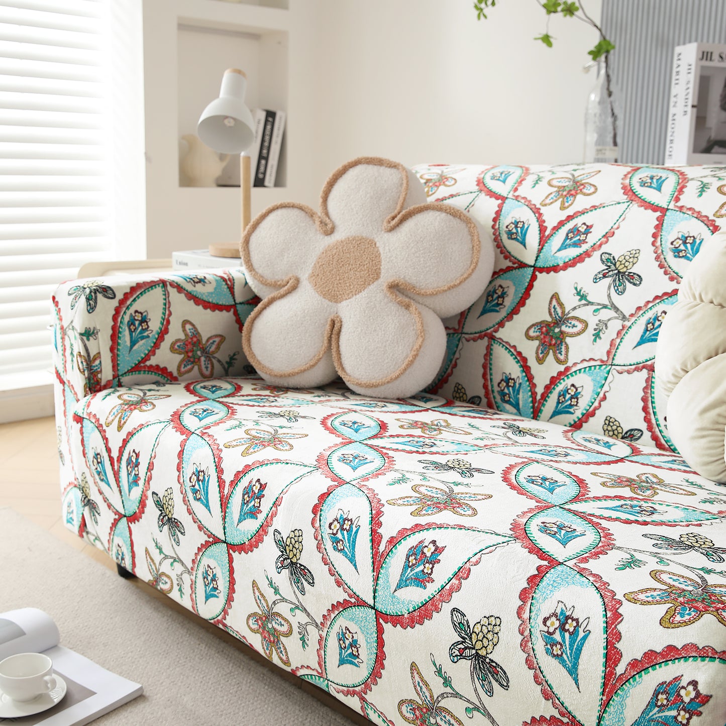 Premium Printed Velvet Sofa Cover 1/2/3 Seaters Fully Covered, Beige Persian Garden