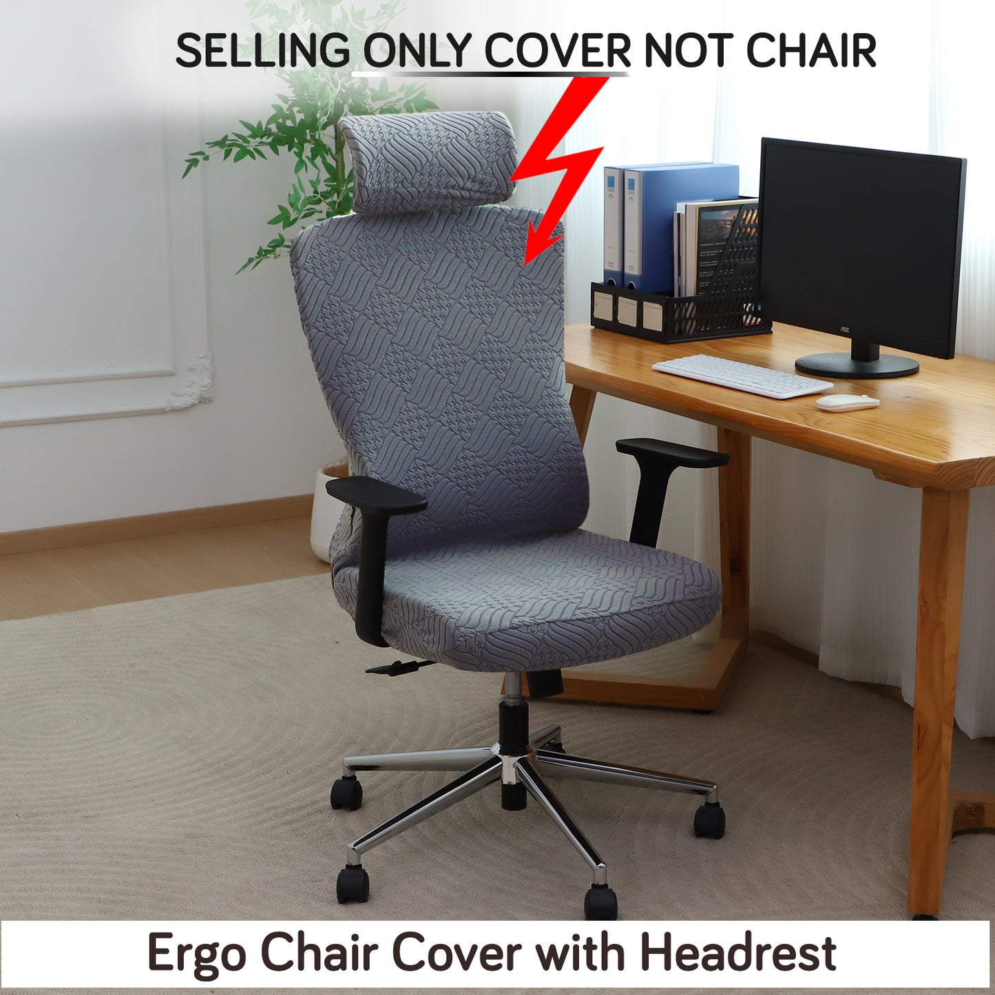 Office Chair Cover with Headrest (High-Back) – 170 GSM Stretch Jacquard – Washable, Anti-Slip Fit for Ergonomic Mesh Office Chairs, Dark Grey