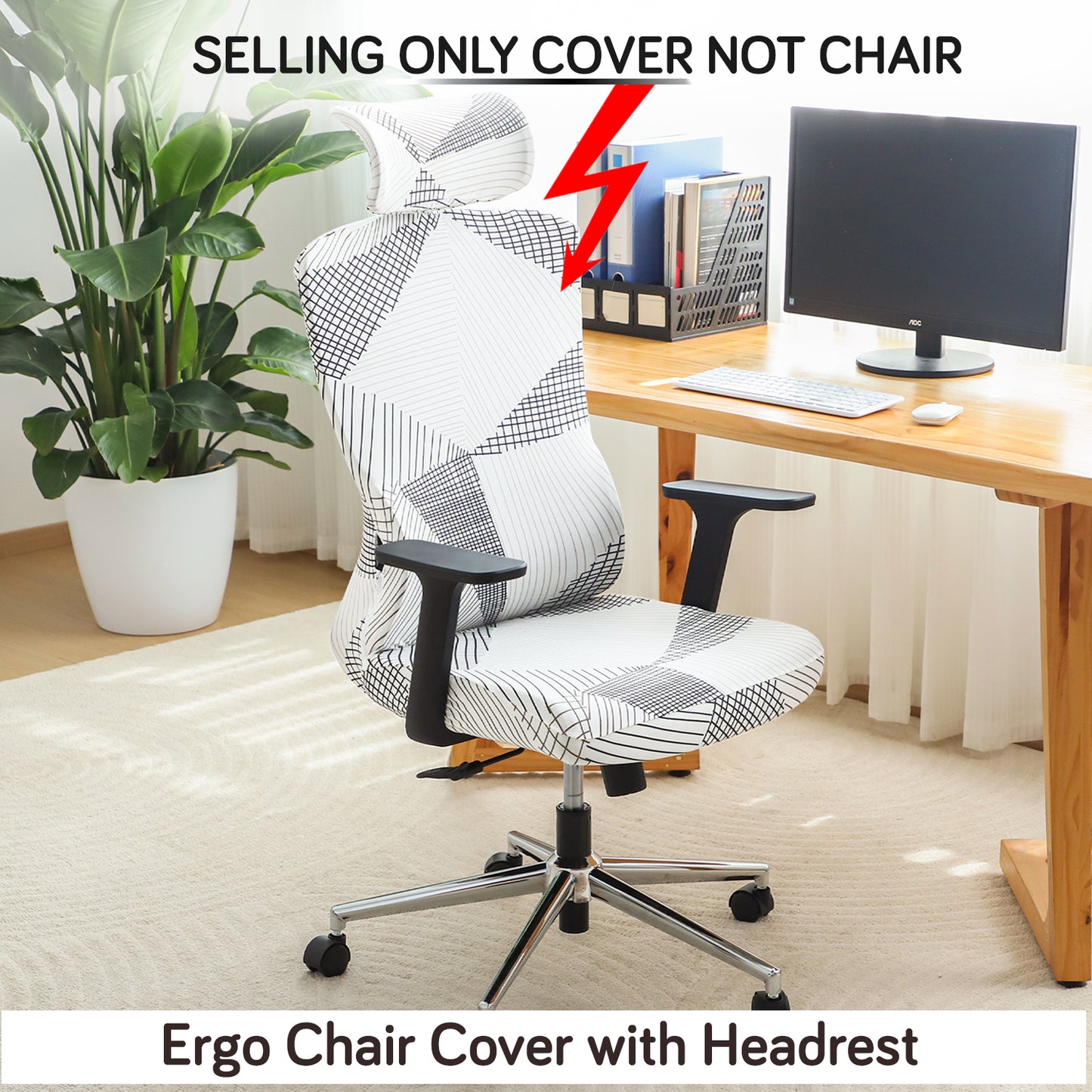 Printed Office Chair Cover with Headrest (High-Back) – 140 GSM Stretch Fabric – Washable, Anti-Slip Fit for Ergonomic Mesh Office Chairs, Snow White Black Geometry