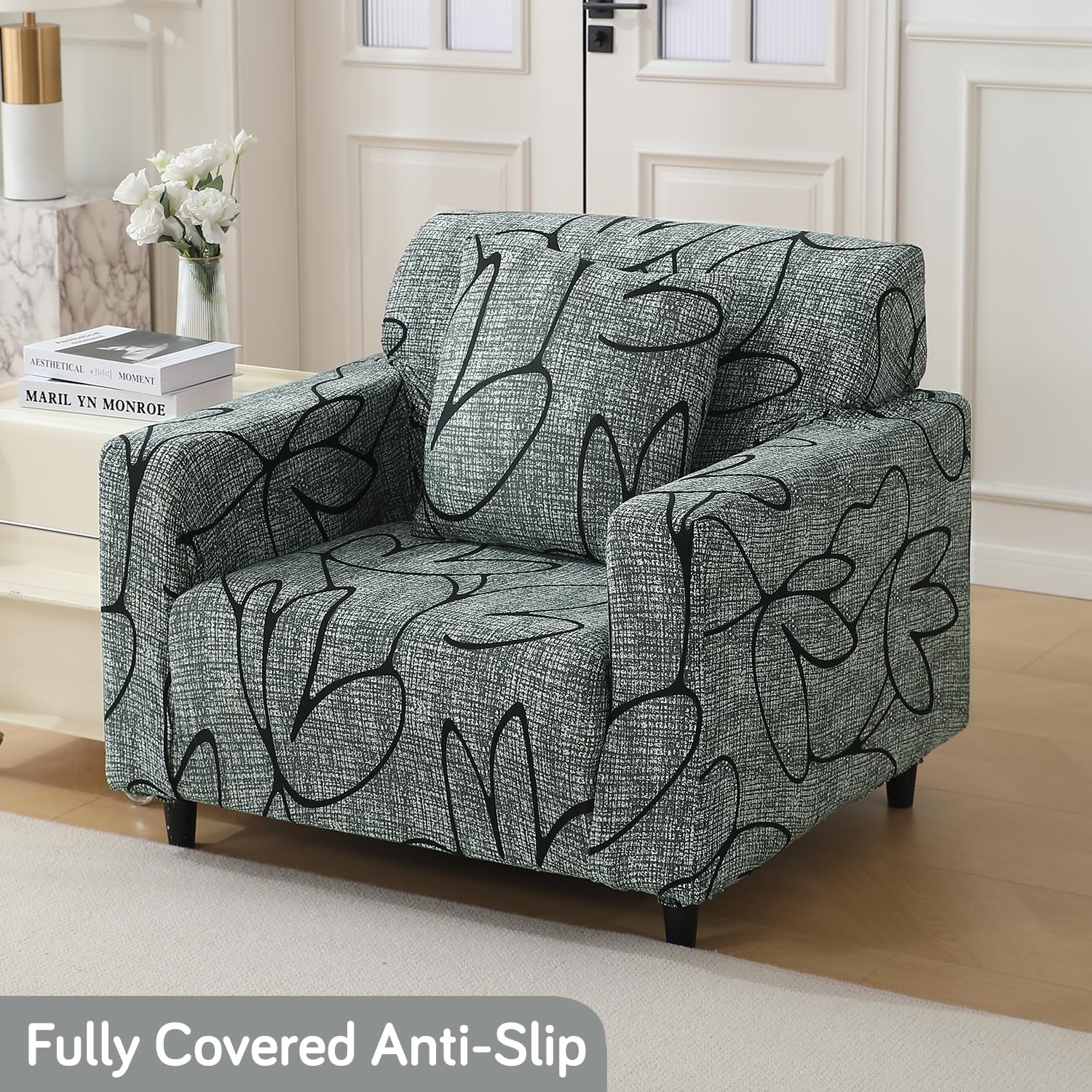 Intense Grey Abstract Floral non slip modern elastic single sofa cover
