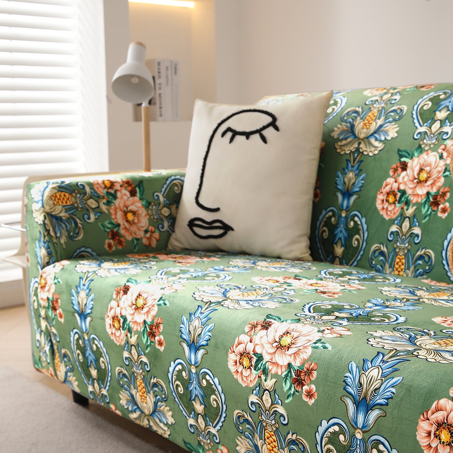 Premium Printed Velvet Sofa Cover 1/2/3 Seaters Fully Covered, Green Victorian Garden