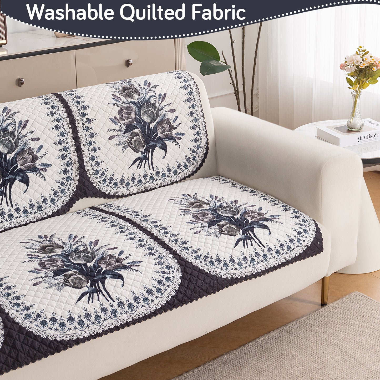 LoomVerse Quilted Sofa Cover Set Washable Sofa Panel for Seat & Back - Midnight Bloom