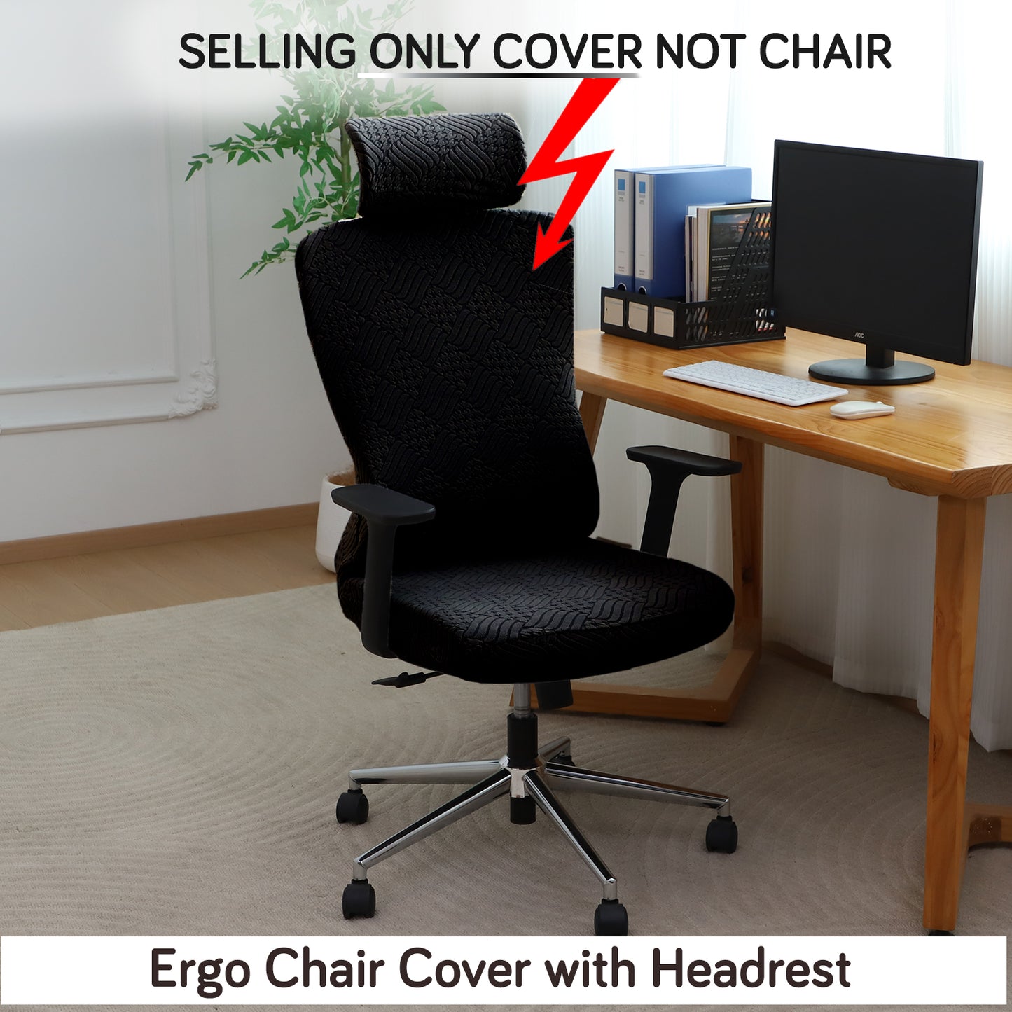 Office Chair Cover with Headrest (High-Back) – 170 GSM Stretch Jacquard – Washable, Anti-Slip Fit for Ergonomic Mesh Office Chairs, Black