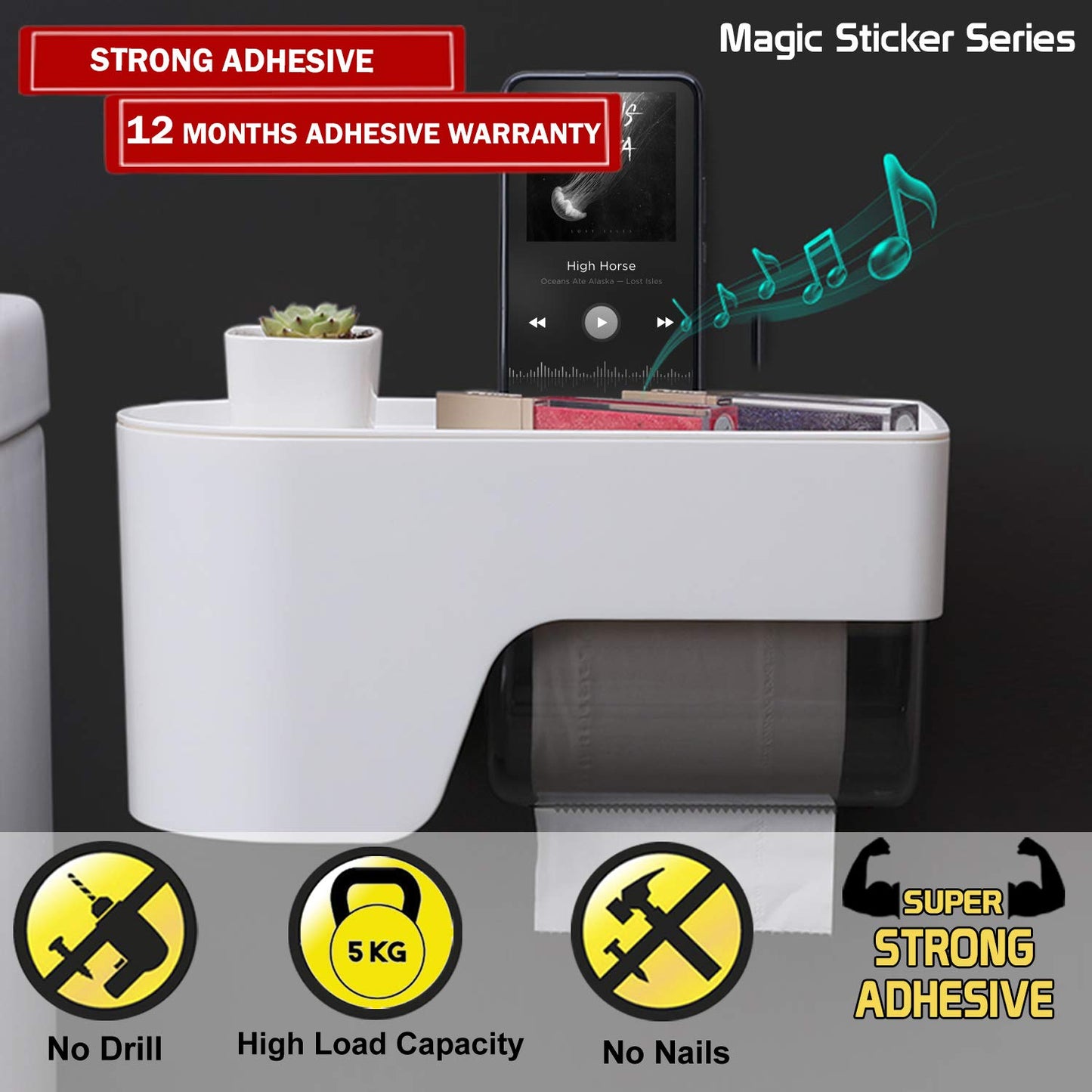 Magic Sticker Series No Drill Toilet Roll Holder for Bathroom