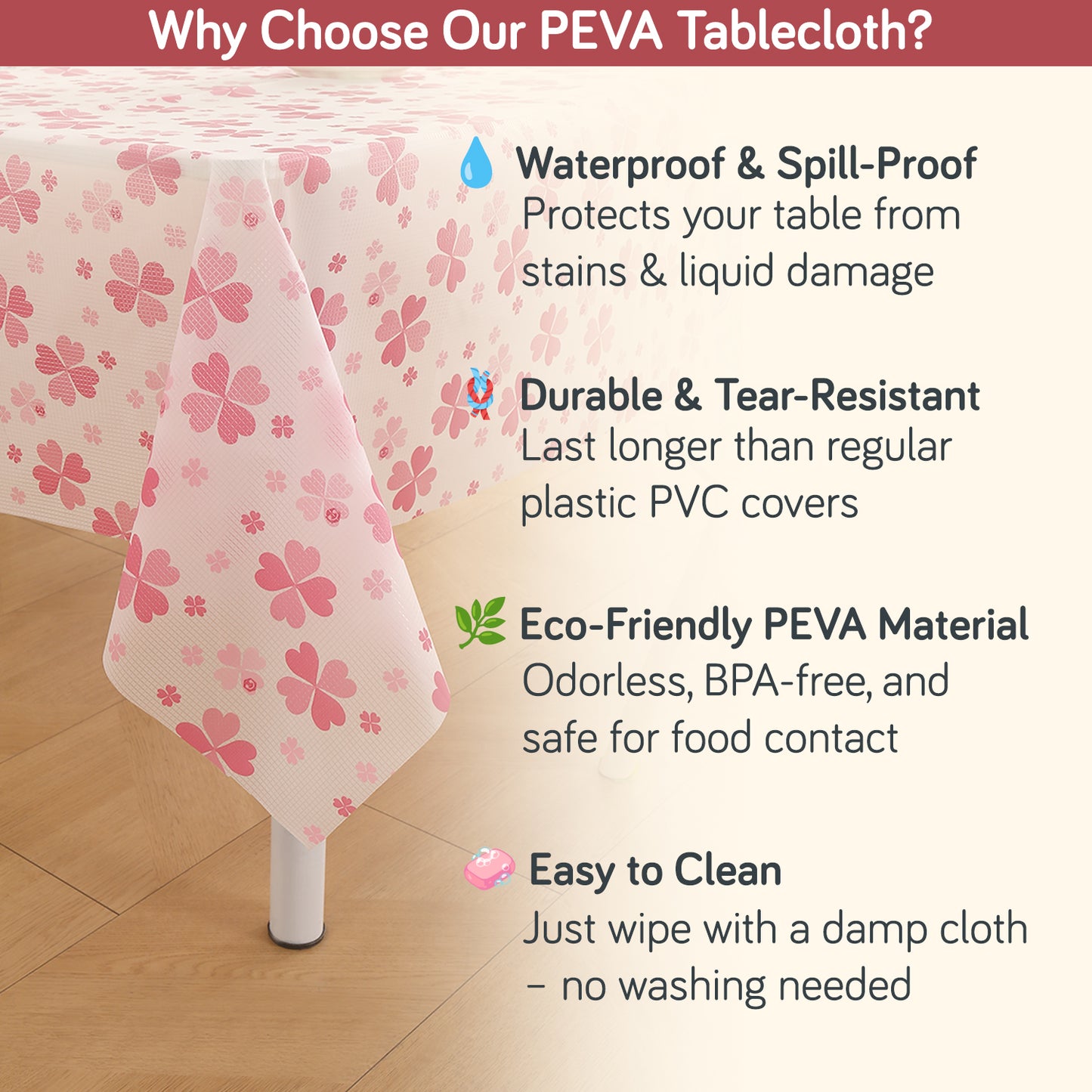 PEVA Waterproof Table Cover Cloth for 2/4/6 Seaters Dining Table | Dustproof Table Cloth for Study & Coffee Table, Valentine Rose Pink