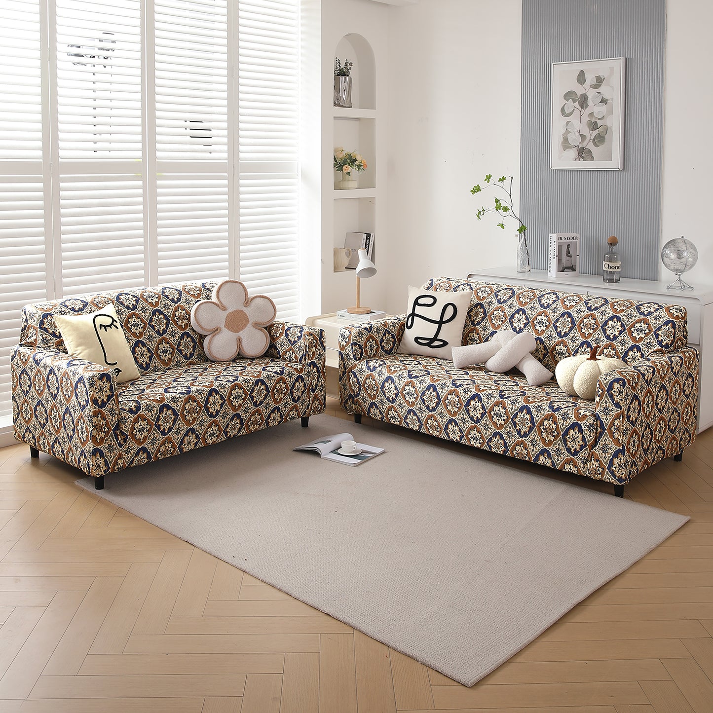 Premium Printed Velvet Sofa Cover 1/2/3 Seaters Fully Covered, Indigo Moroccan Charm