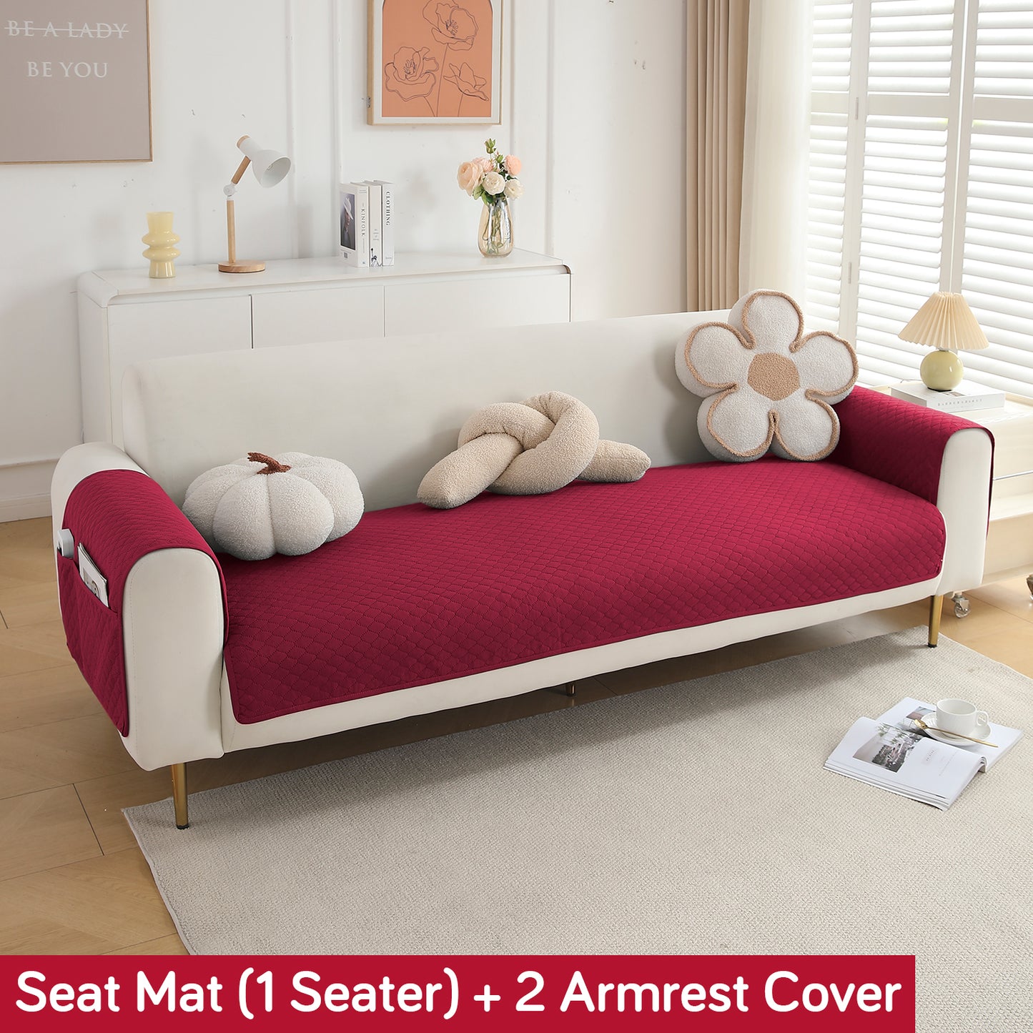 Quilted Sofa Cover Mat with 2 Armrest Covers Pockets, Maroon