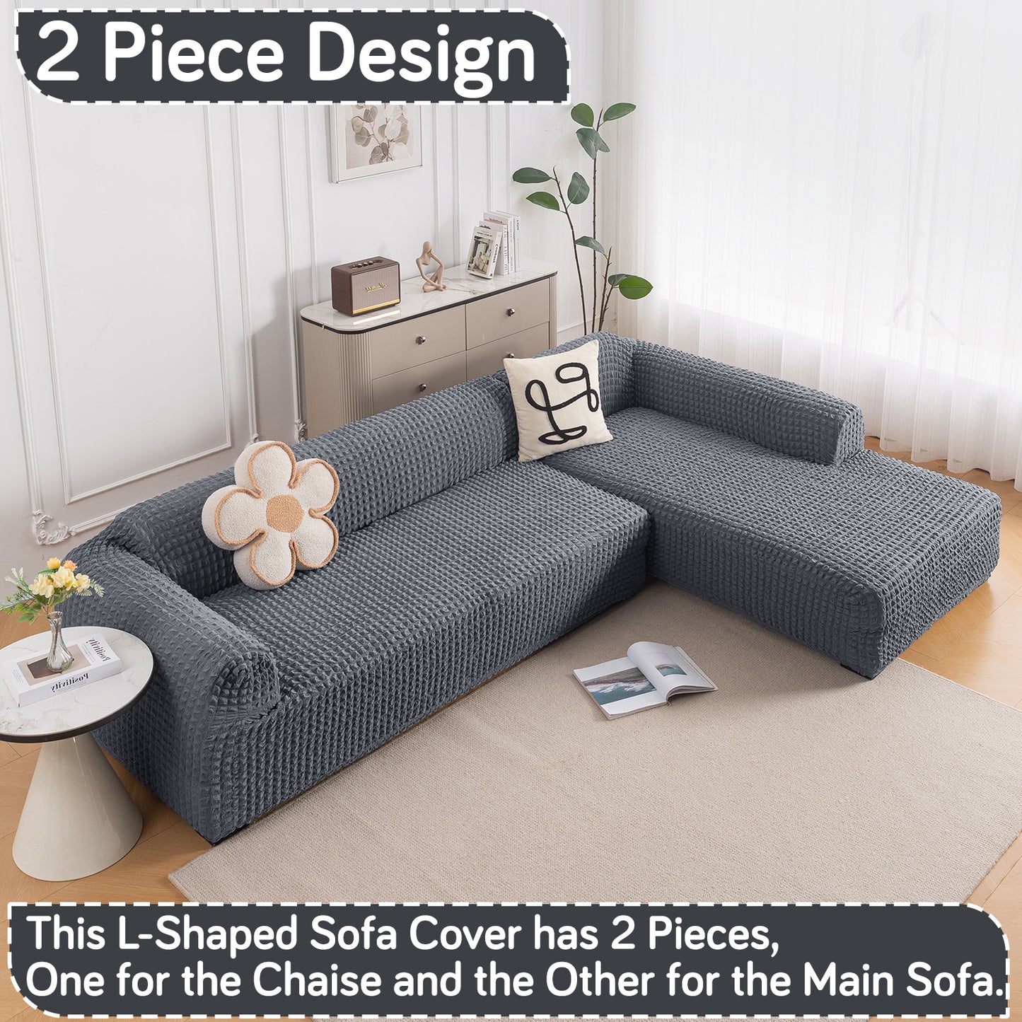 Aria Nova Bubble 2-Piece Stretchable L Shape Sofa Cover with Right Chaise, Dark Grey