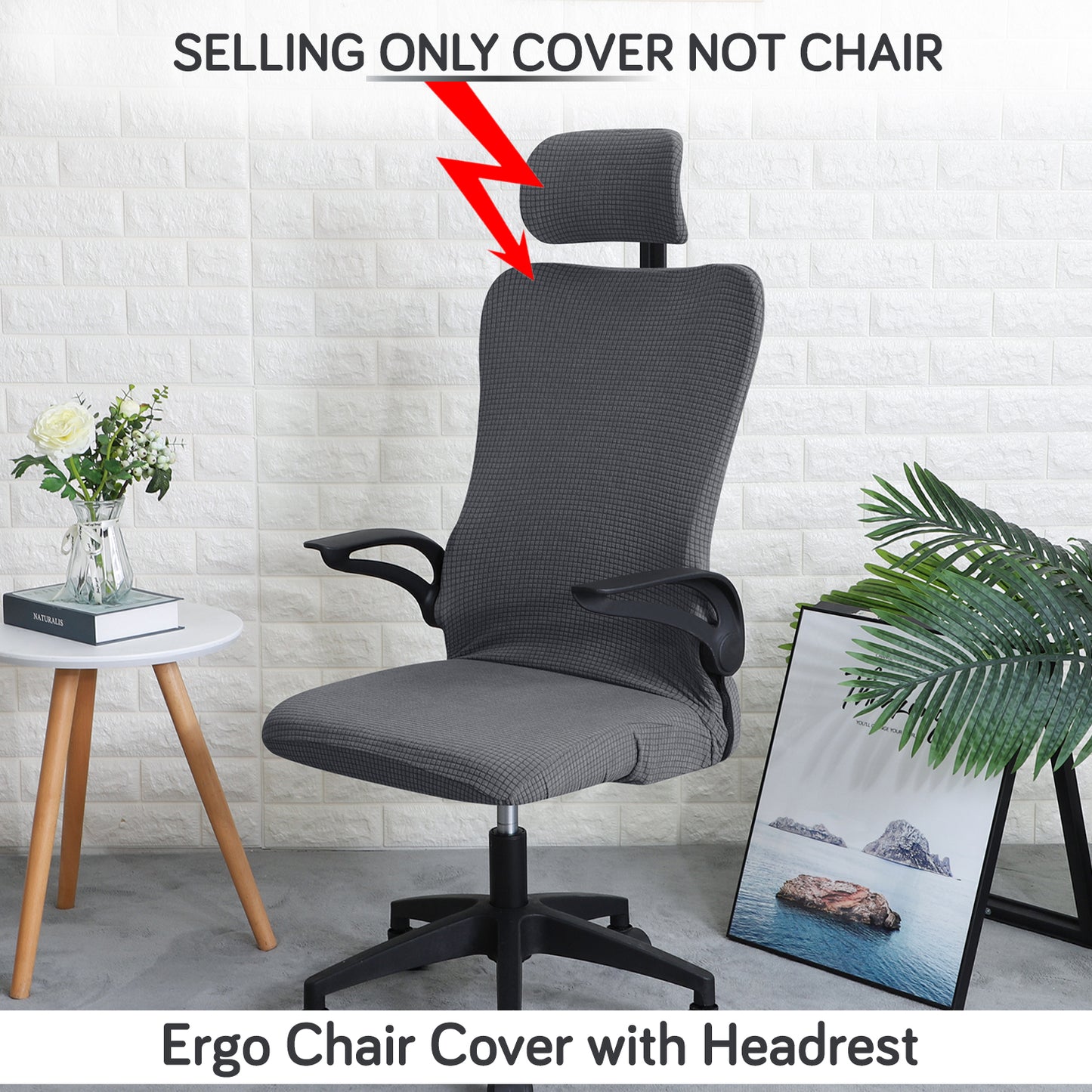 Water Repellent Office Chair Cover with Headrest (High-Back) – 210 GSM Stretch Jacquard – Washable, Anti-Slip Fit for Ergonomic Mesh Office Chairs, Dark Grey