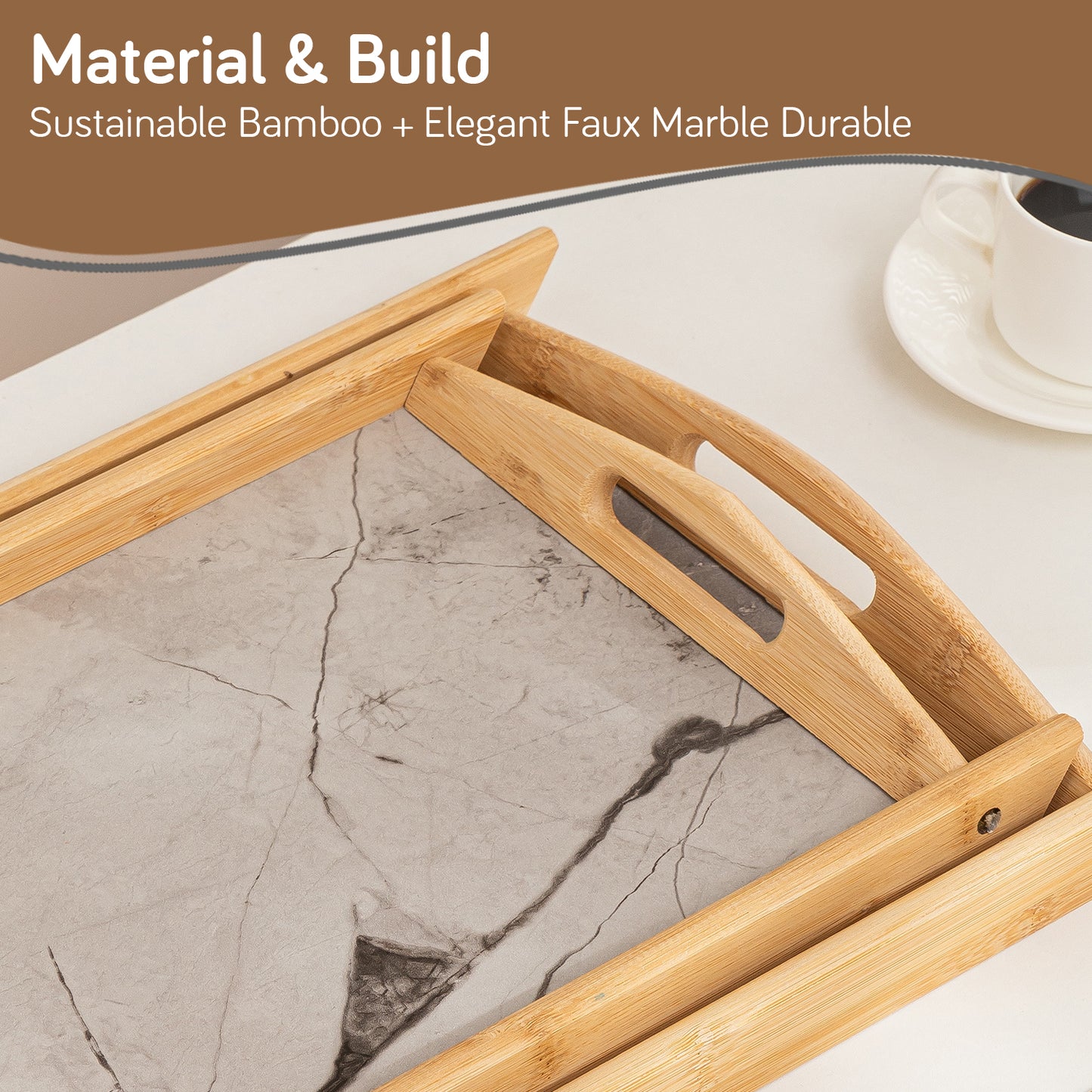 Bamboo Set of 2 Serving Trays with Handles – elegant faux marble base, Grey