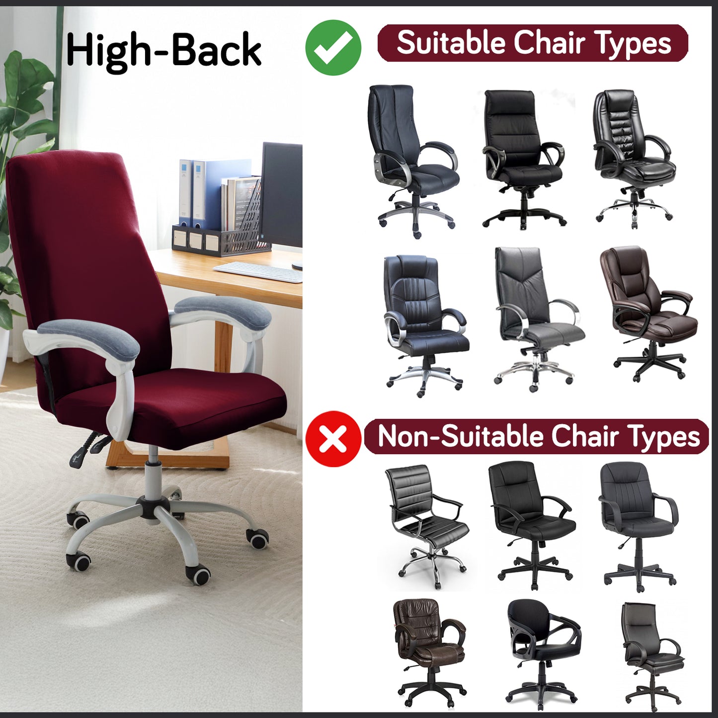 Office Chair Cover for Executive Chair (High-Back) – 140 GSM Stretchable Fabric – Washable & Anti-Slip – Fits Big & Tall Office Chairs, Burgundy