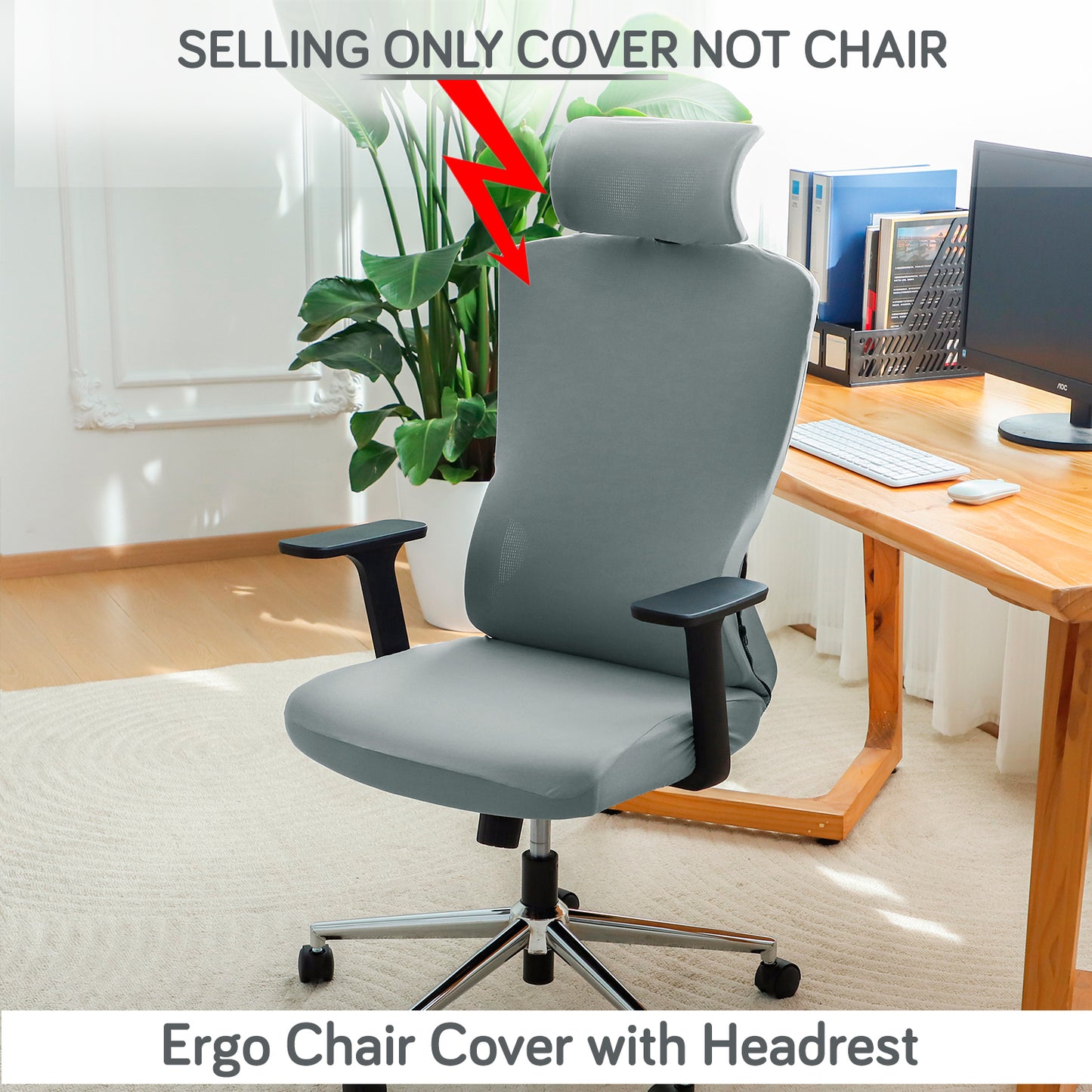 Office Chair Cover with Headrest (High-Back) – 140 GSM Stretch Fabric – Washable, Anti-Slip Fit for Ergonomic Mesh Office Chairs, Smokey Grey