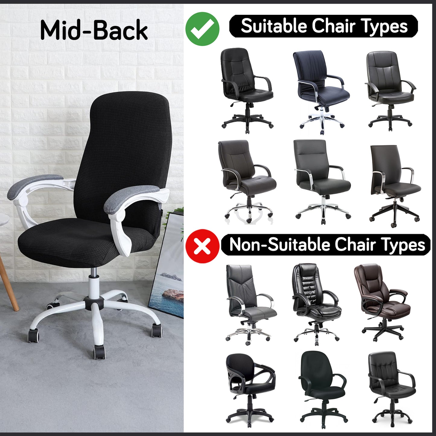 Water Repellent Office Chair Cover for Desk Chair (Mid-Back) – 210 GSM Stretch Jacquard – Washable, Durable & Anti-Slip – Fits Mid-Back Office Chairs, Black
