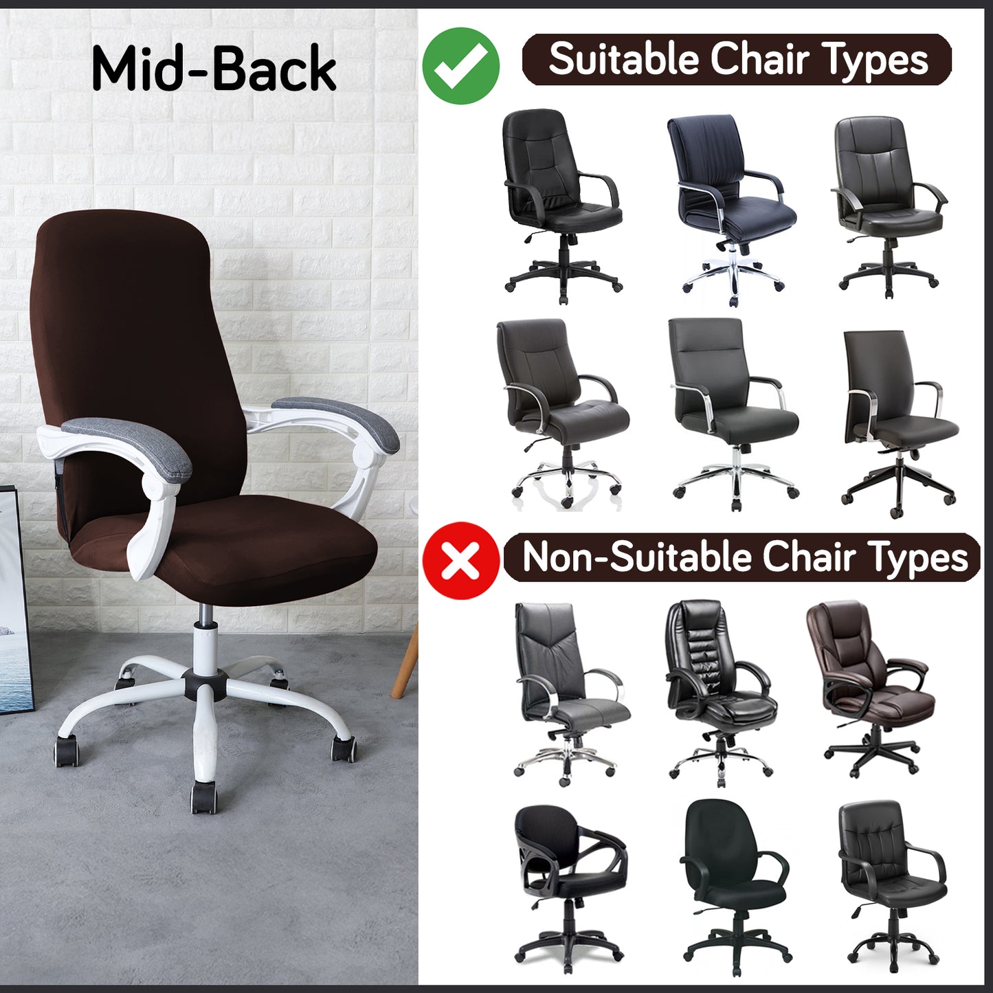 Office Chair Cover for Desk Chair (Mid-Back) – 140 GSM Stretch Fabric – Washable, Durable & Anti-Slip – Fits Mid-Back Office Chairs, Brown