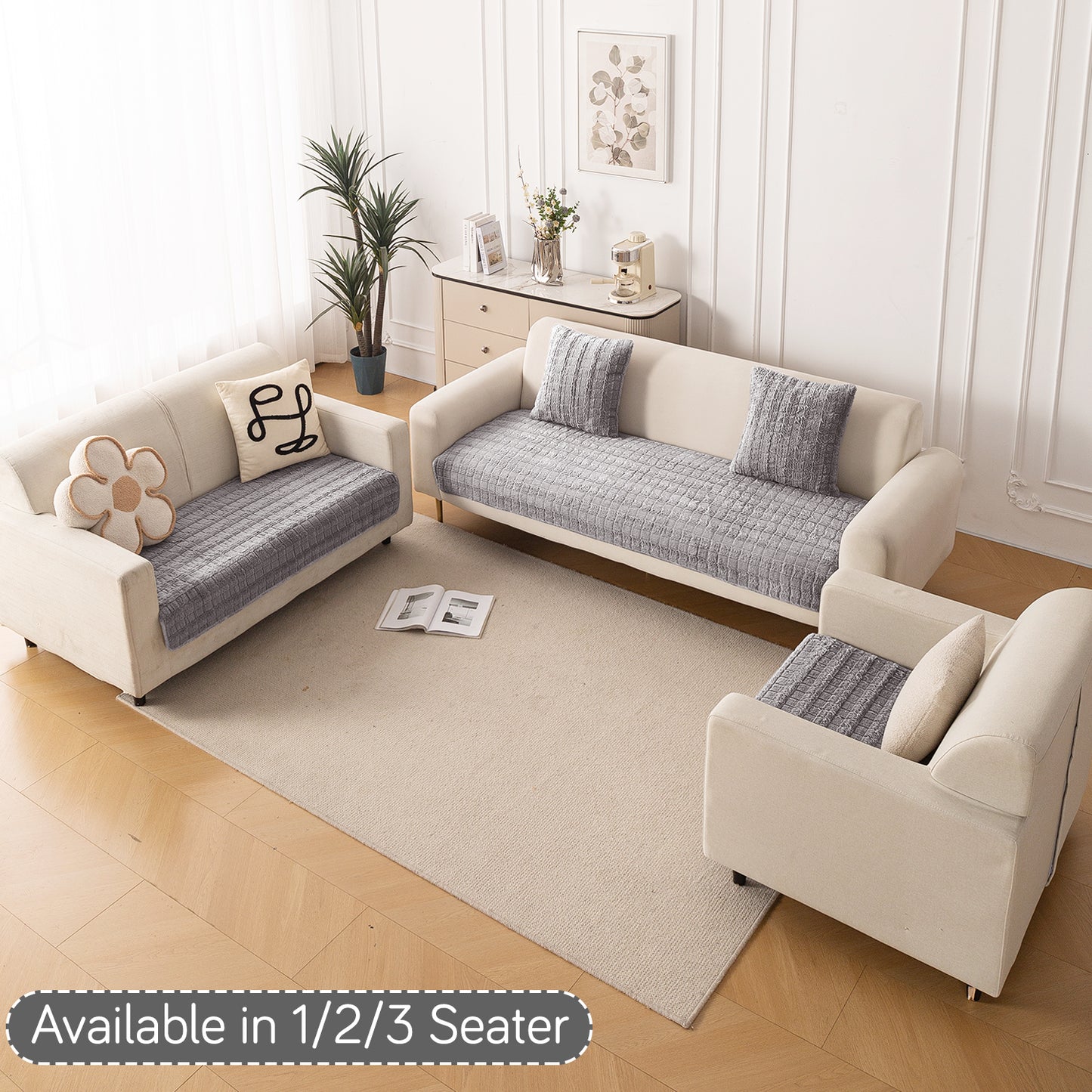 Premium Plush Anti Slip Sofa Mat for 1/2/3 Seater, Light Grey