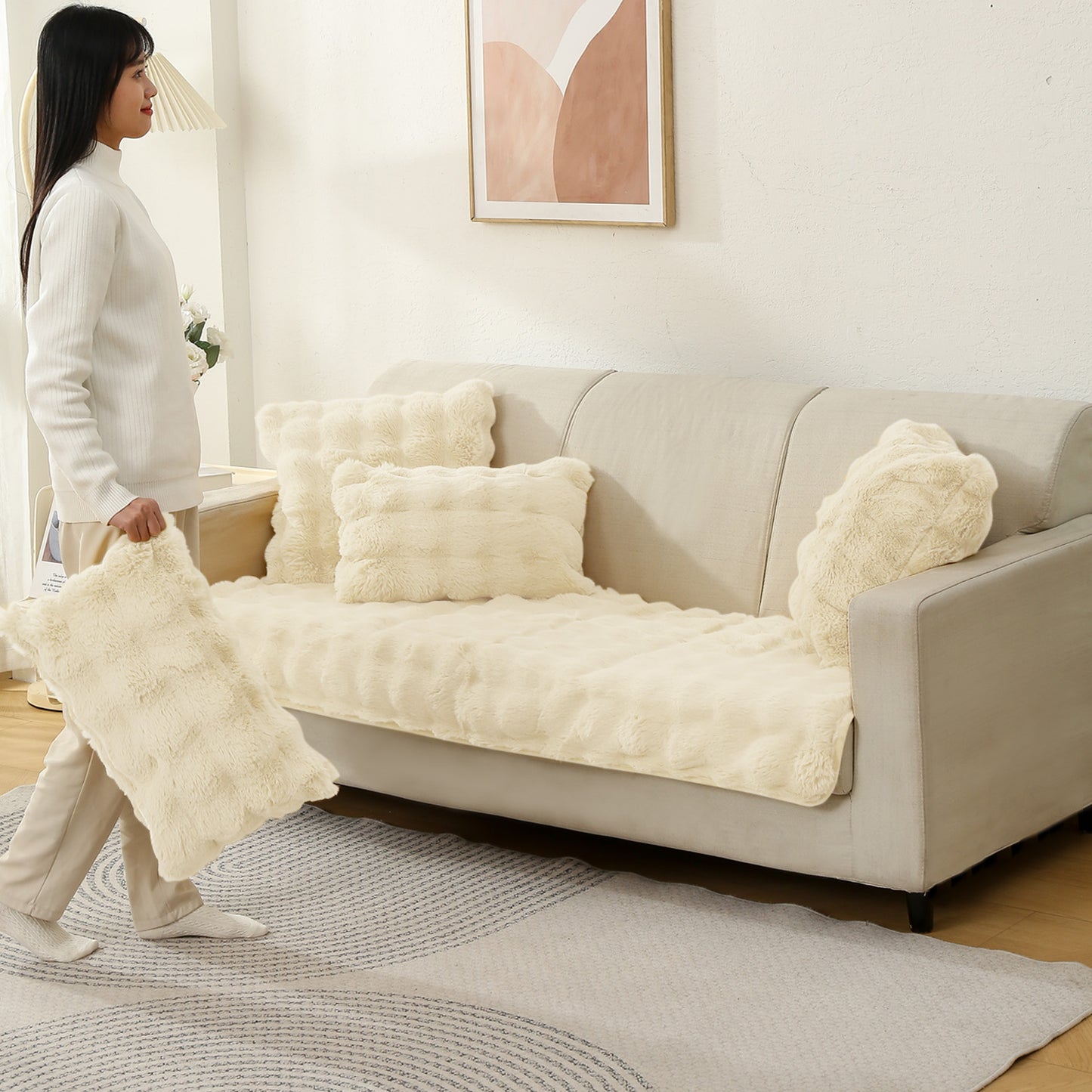 Premium Faux Rabbit Fur Anti Slip Sofa Mat for 1/2/3 Seater, Beige