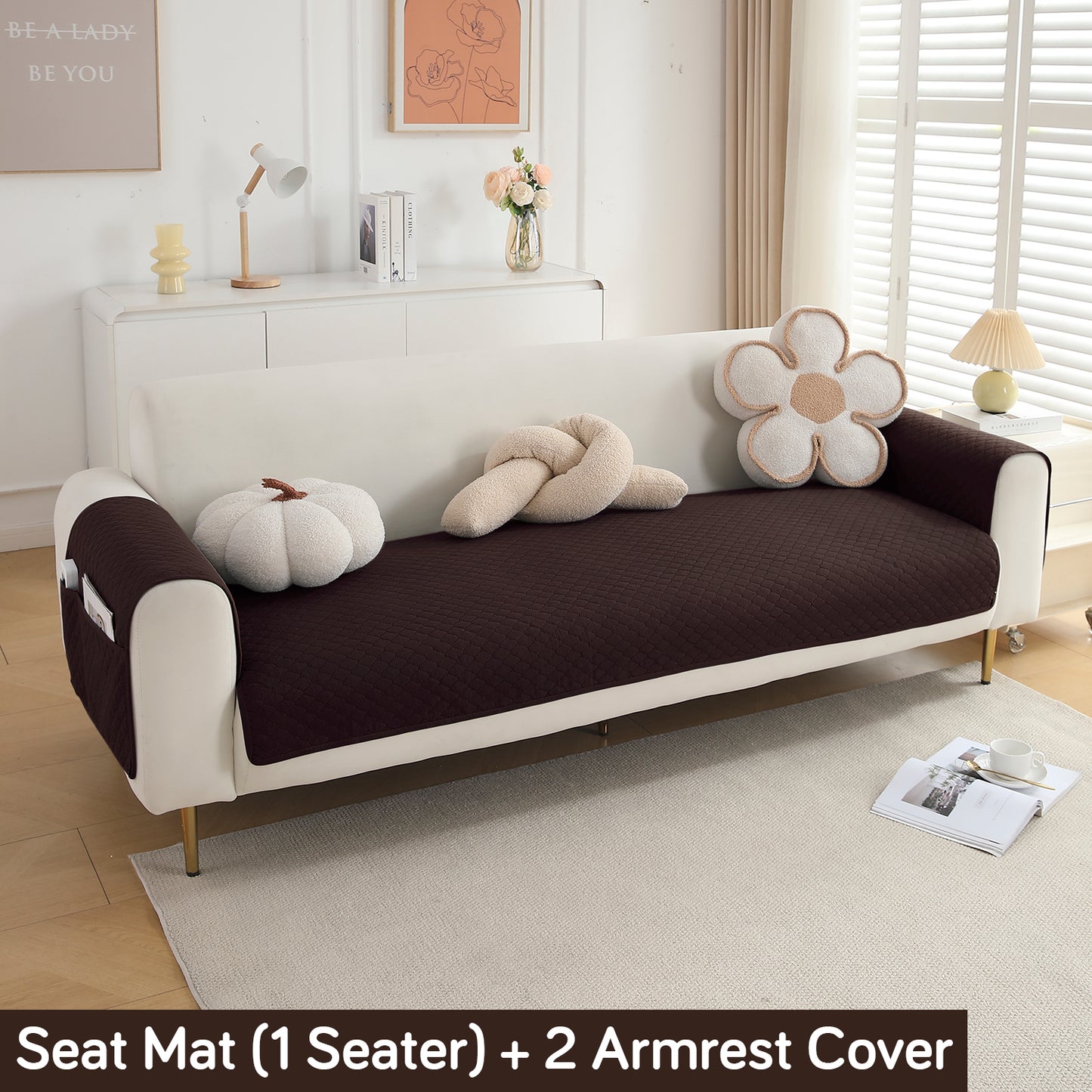 Quilted Sofa Cover Set with Seat Mat and Armrest Covers with Pockets, Dark Brown