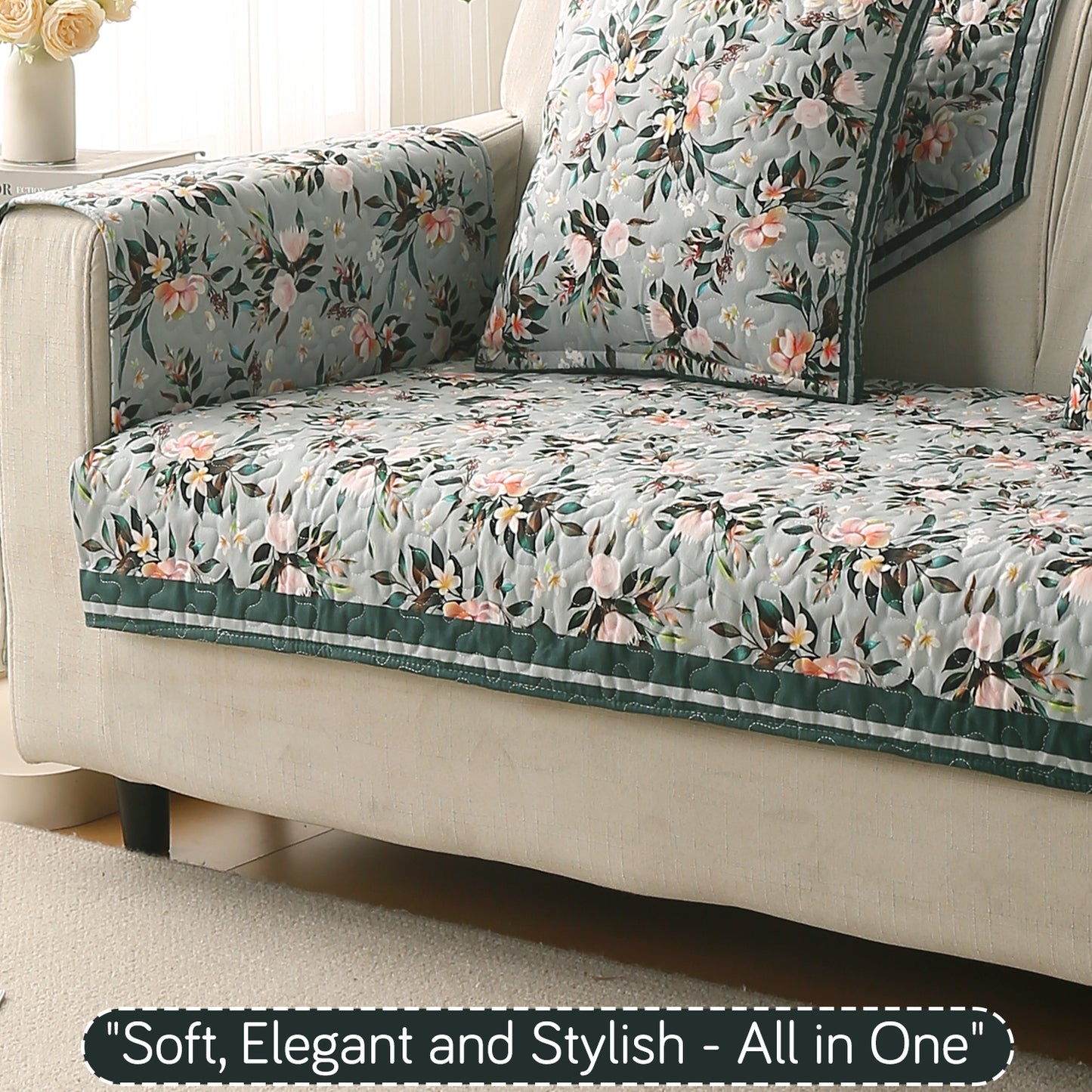 Florentina Series Printed Holland Velvet Sofa Mat - Magnolia Green