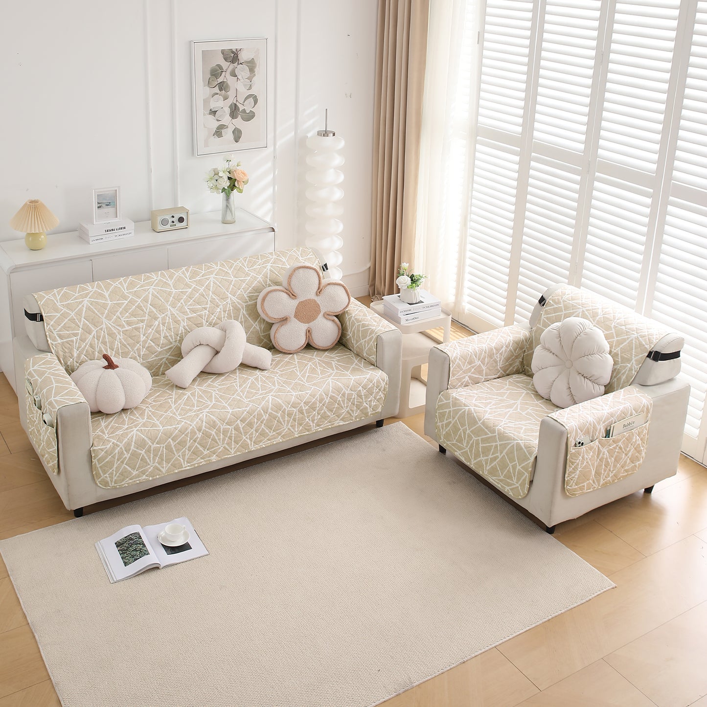Waterproof & Quick-Dry Quilted Sofa Cover with Pockets on Armrest, Beige Abstract Geometry