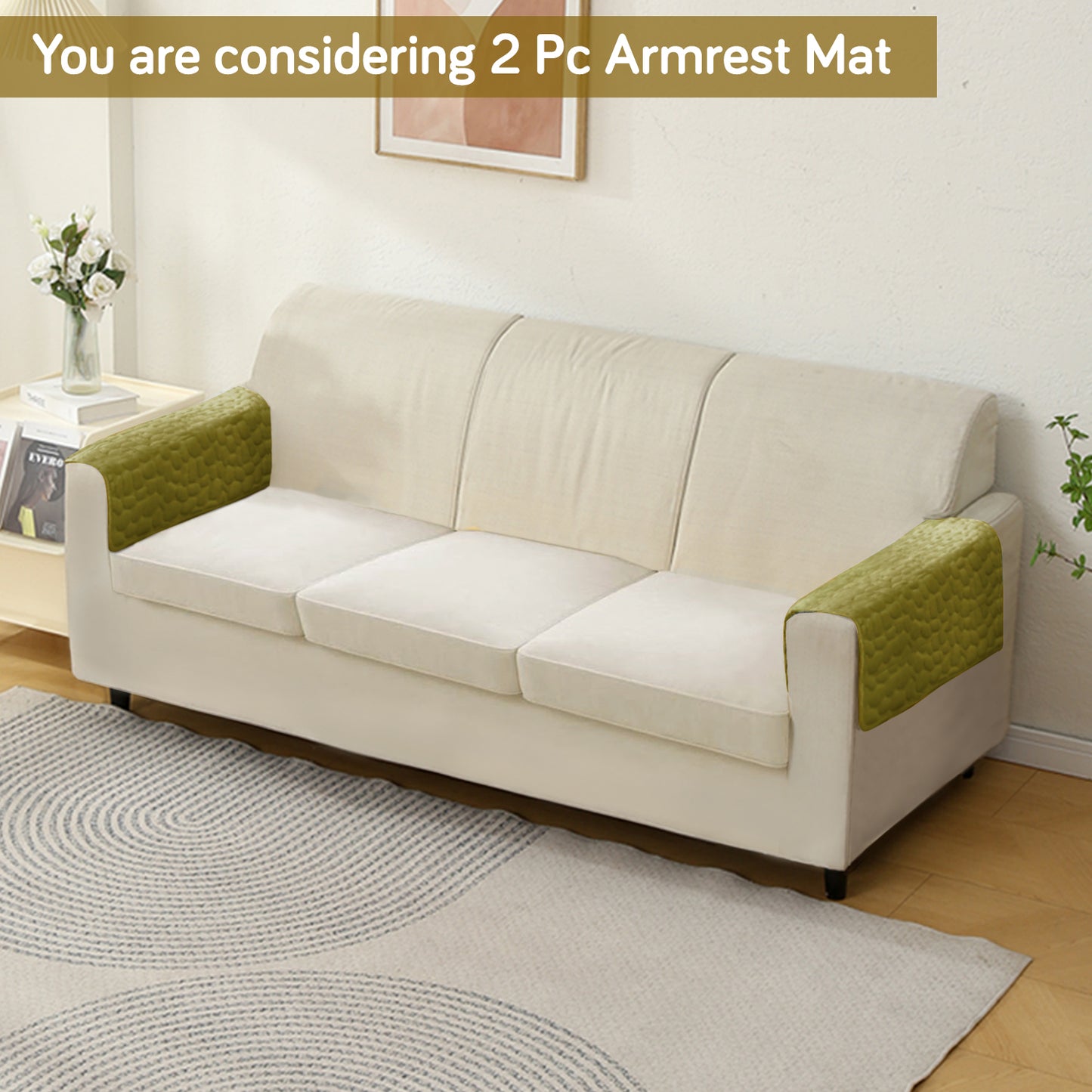 Pebble Milk Velvet Luxurious Set of 2 Sofa Armrest Covers, Pristine Green