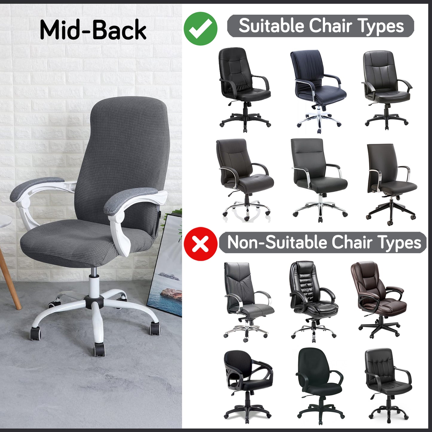 Water Repellent Office Chair Cover for Desk Chair (Mid-Back) – 210 GSM Stretch Jacquard – Washable, Durable & Anti-Slip – Fits Mid-Back Office Chairs, Dark Grey