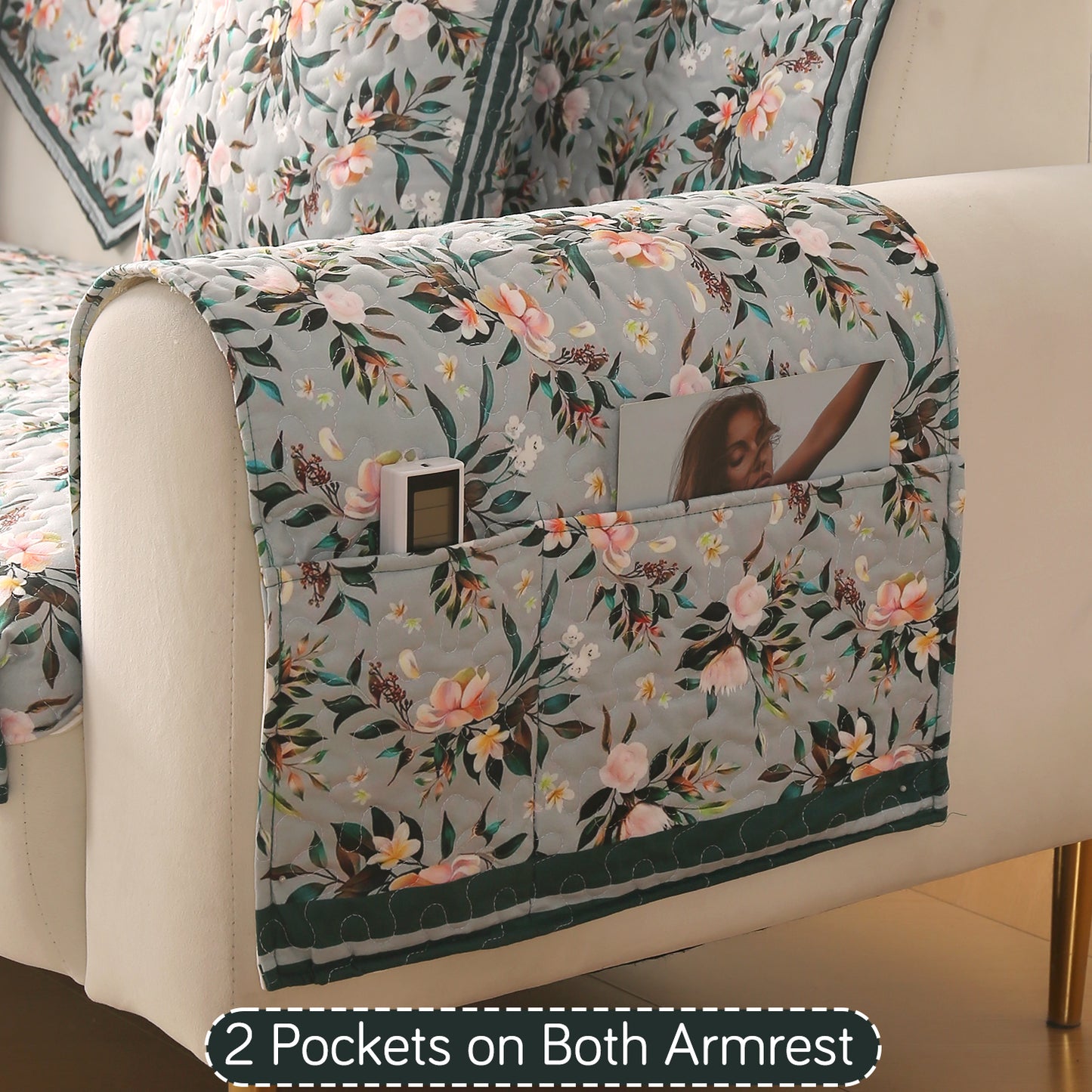 Florentina Series Printed Holland Velvet Sofa Mat - Magnolia Green