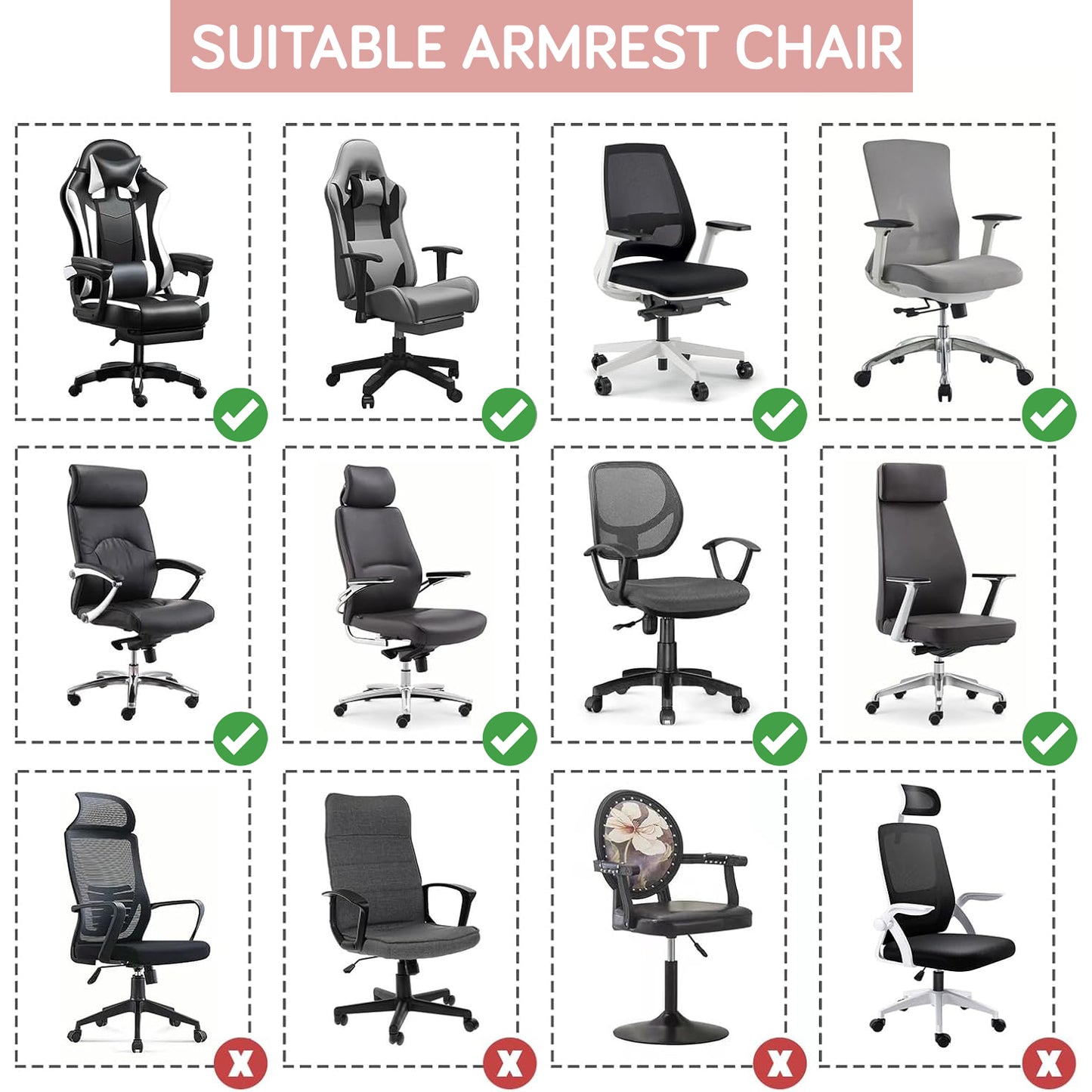 210gsm Jacquard Water Repellent Armrest Covers for Office Chair (Elastic Style), 1 Pair, Pink