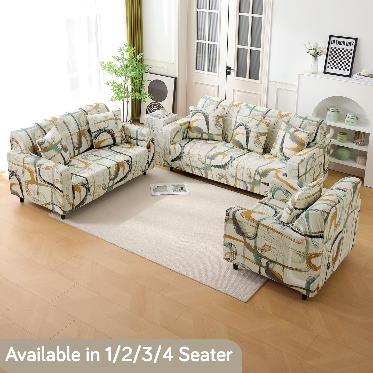 Parchement Beige Abstract Art elastic sofa cover sets for 1,2,3,4,5 & 7 seater sofas
