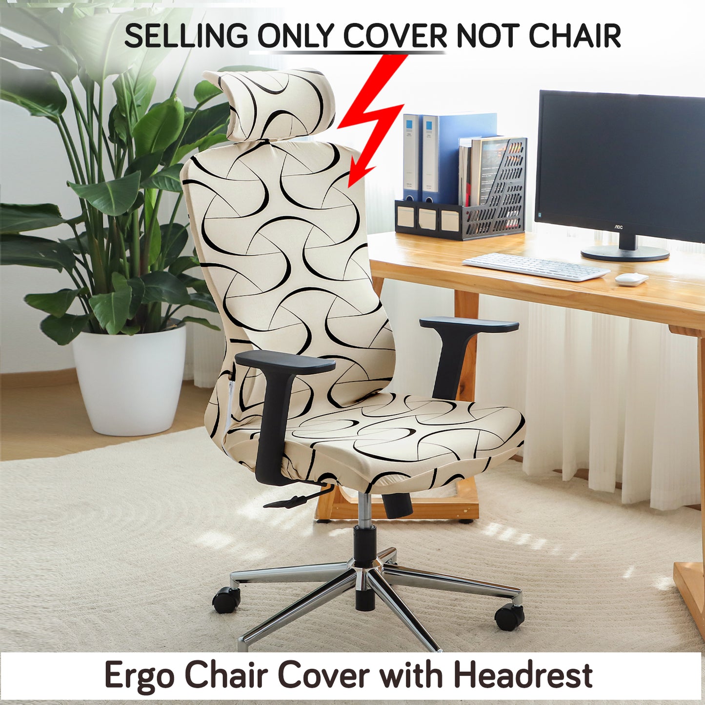 Printed Office Chair Cover with Headrest (High-Back) – 140 GSM Stretch Fabric – Washable, Anti-Slip Fit for Ergonomic Mesh Office Chairs, Natural Beige Abstract Art