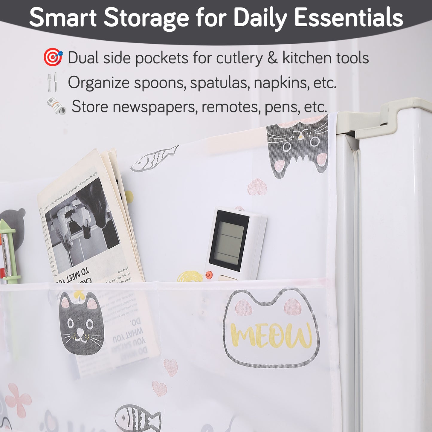 Small / Large Fridge Cover Top | For Smaller Single Door, Double Door and Bigger Double Door Refrigerator - Waterproof, Printed with 6 Side Pockets, Playful Cats