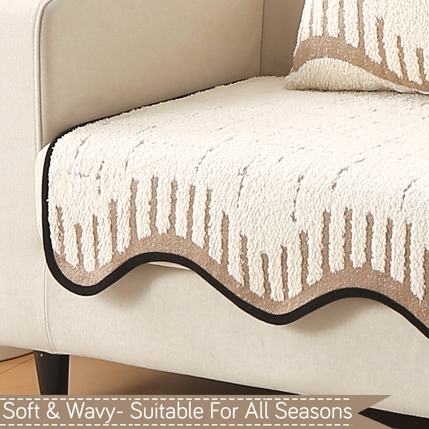 Premium Supple Soft Wavy with Curve Sofa Cover Mat, Cream Brown