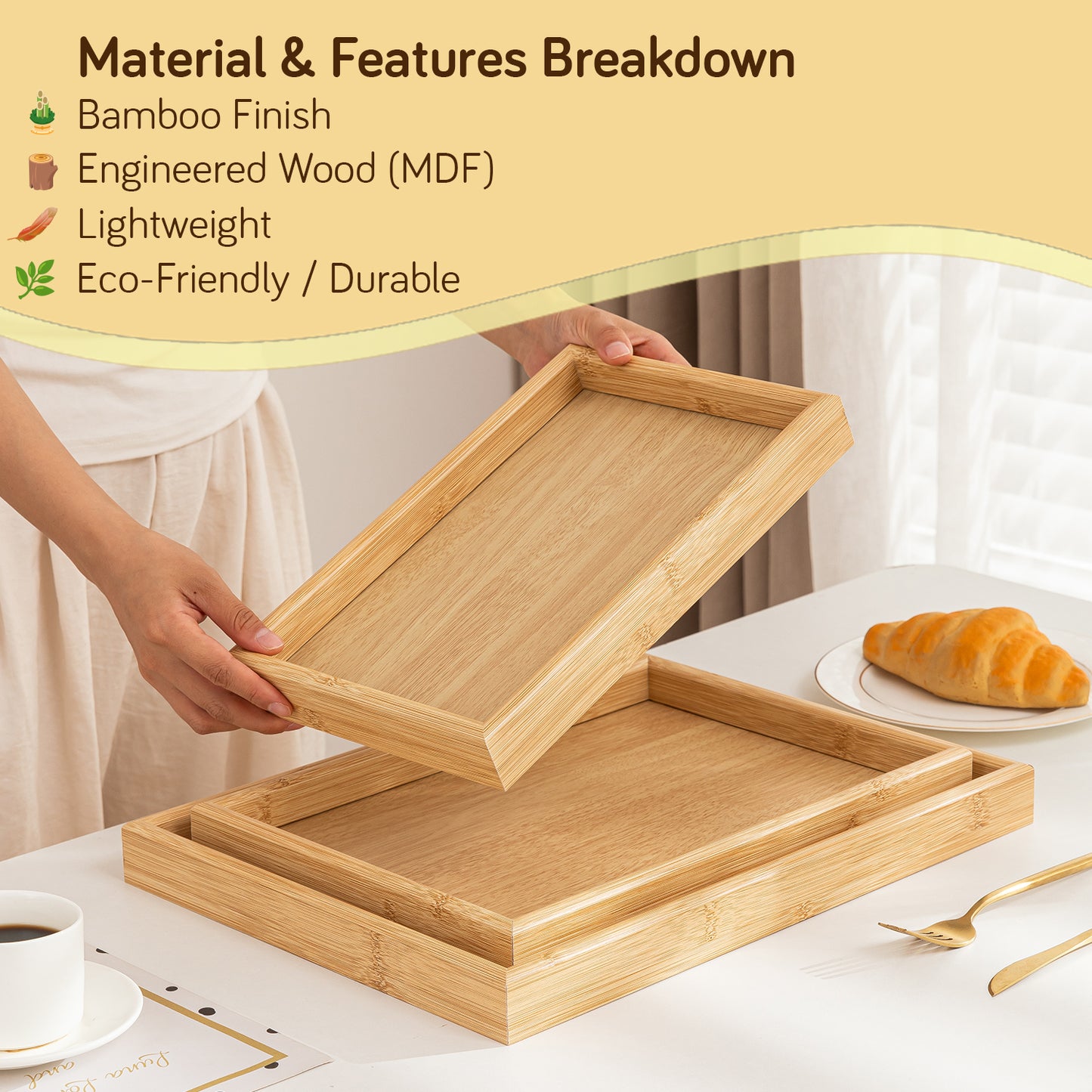Wooden Serving Tray MDF Rectangular Eco-Friendly Trays Set of 3 – Natural Finish