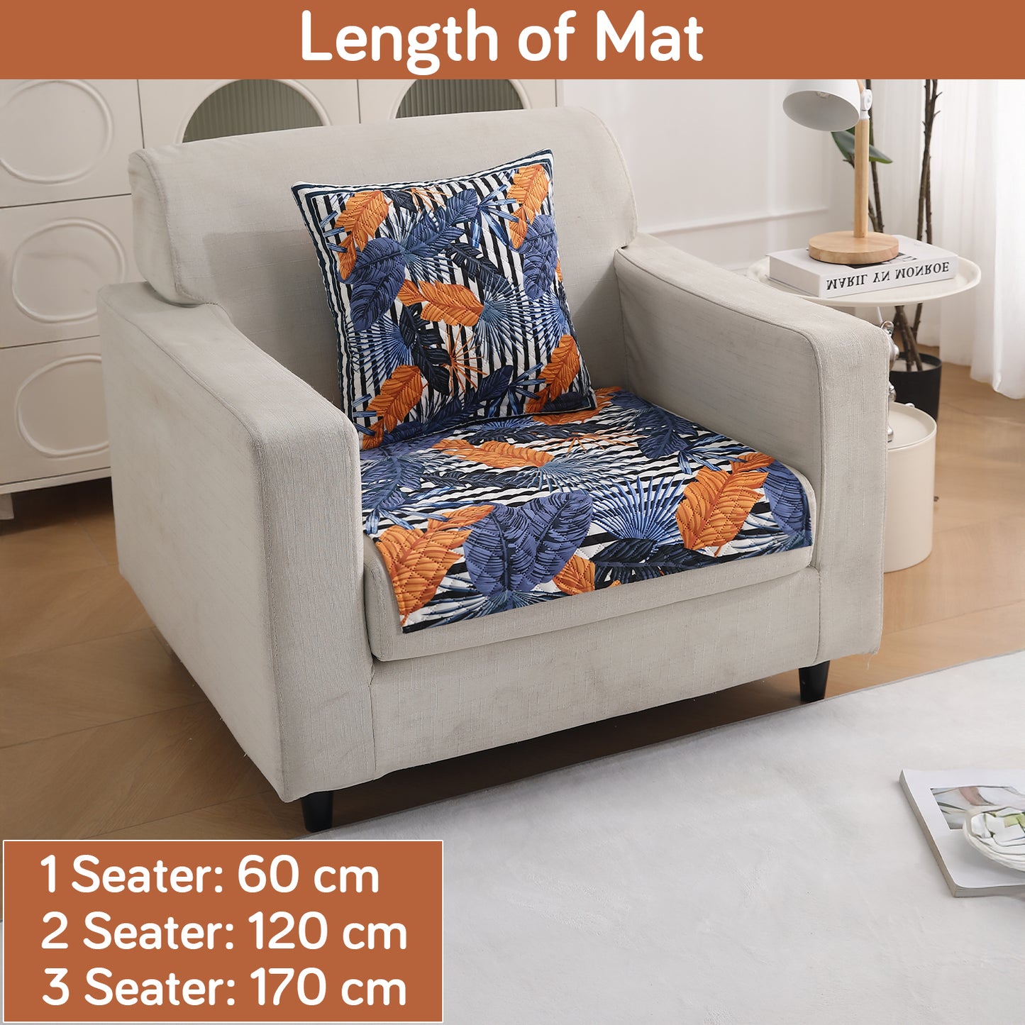 LiefNest Printed Holland Velvet Sofa Mat with Foam Filling - Tropical Leaves Dusk Blue for 1/2/3 Seater & Armrest