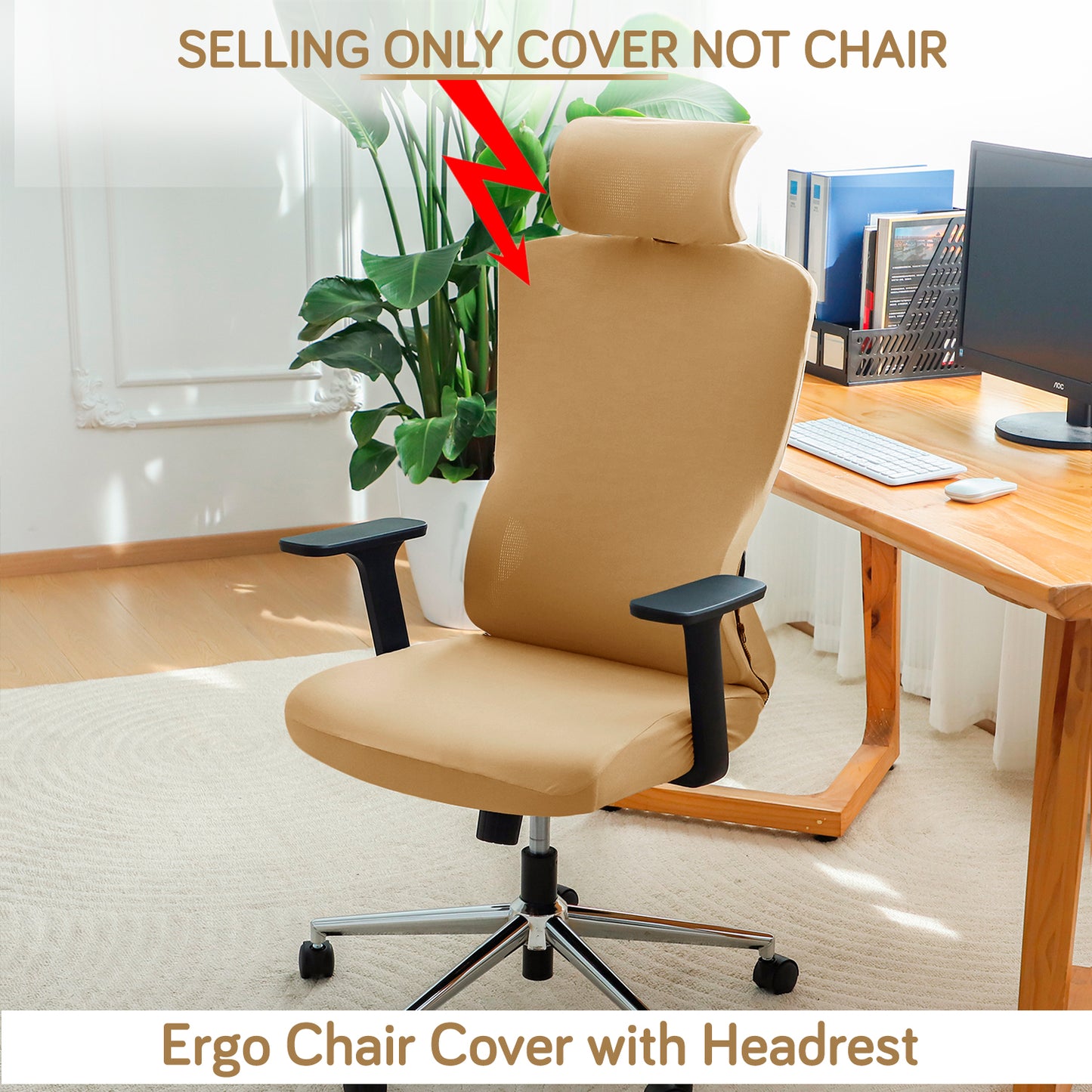 Office Chair Cover with Headrest (High-Back) – 140 GSM Stretch Fabric – Washable, Anti-Slip Fit for Ergonomic Mesh Office Chairs, Camel