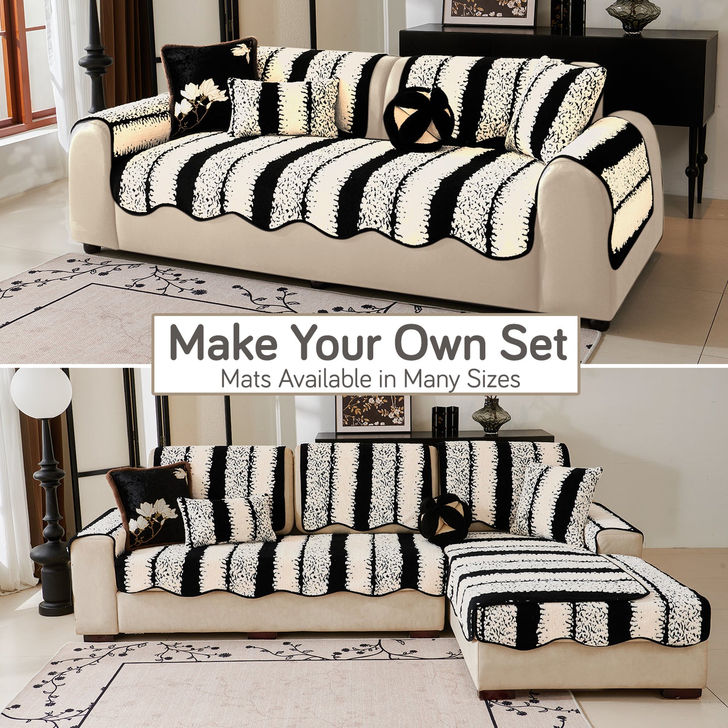 Luxury Wavy Plush Anti-Slip Sofa Cover Mats - Black