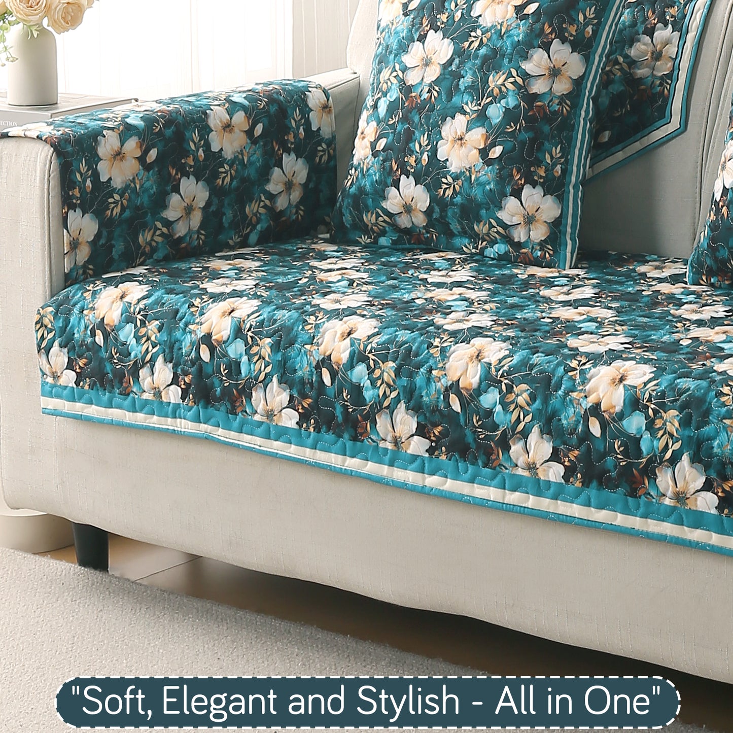 Florentina Series Printed Holland Velvet Sofa Mat - Pansies Teal