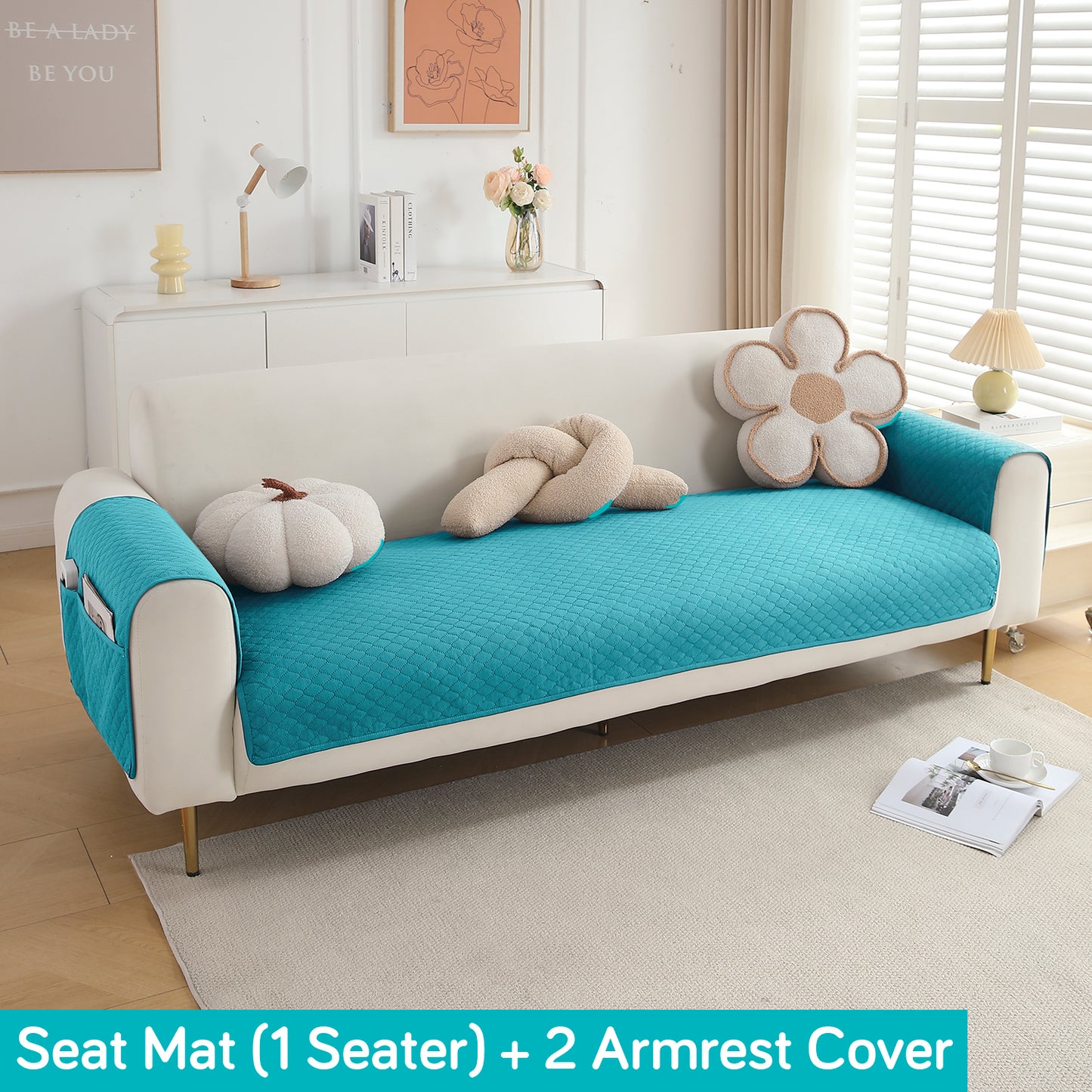 Quilted Sofa Cover Mat with 2 Armrest Covers Pockets, Teal