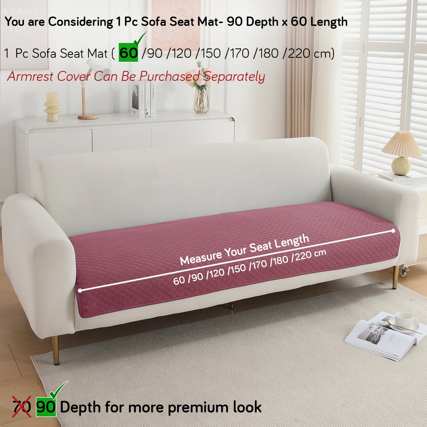 Polyester Quilted Sofa Cover Mats, Mauve Pink