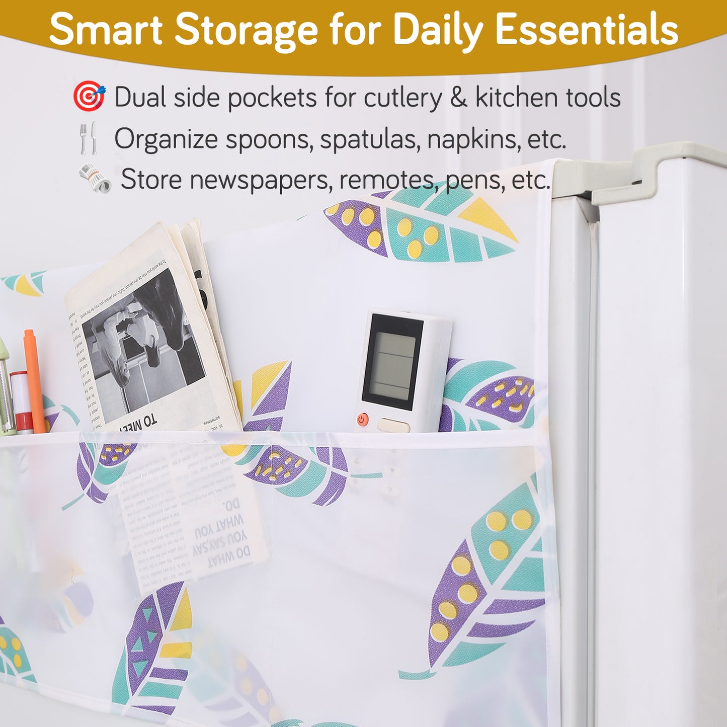 Small / Large Fridge Cover Top | For Smaller Single Door, Double Door and Bigger Double Door Refrigerator - Waterproof, Printed with 6 Side Pockets, Boho Feathers