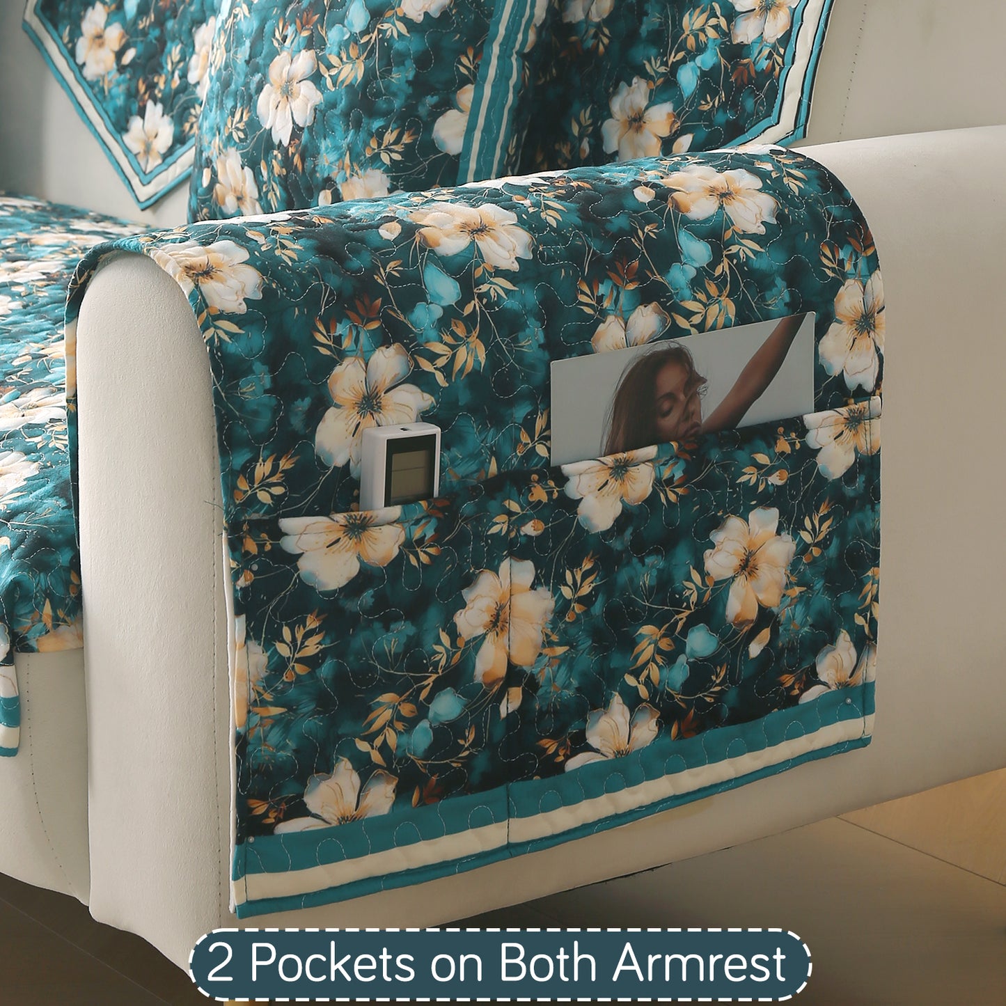 Florentina Series Printed Holland Velvet Sofa Mat - Pansies Teal