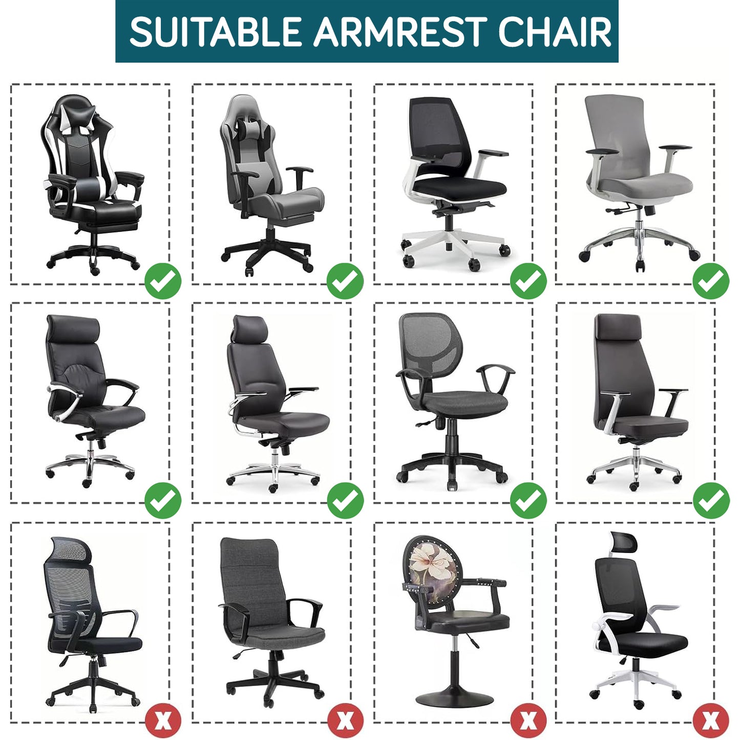 170gsm Jacquard Office Chair Arm Rest Cover (Elastic Style), 1 Pair, Turquoise