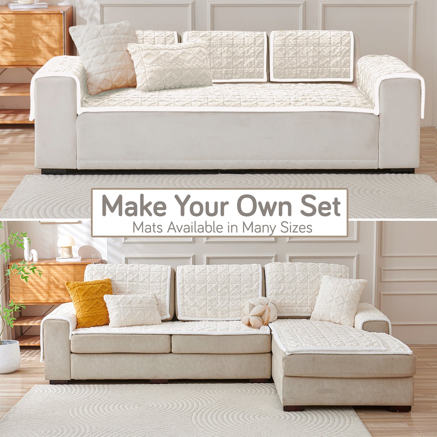 'Italian Caelora' Luxury Jacquard Plush Sofa Cover Mat and Anti-Slip Armrest Covers - Pearl Whit